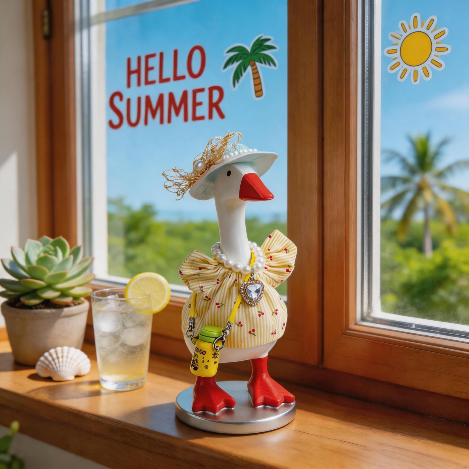 4 Sets 7 Inches Desk Goose Summer Outfits , Mini Desktop Goose Clothes Set - Includes Felt Hats, Sunglasses, Bags, Cute T-Shirts, Water Bottle