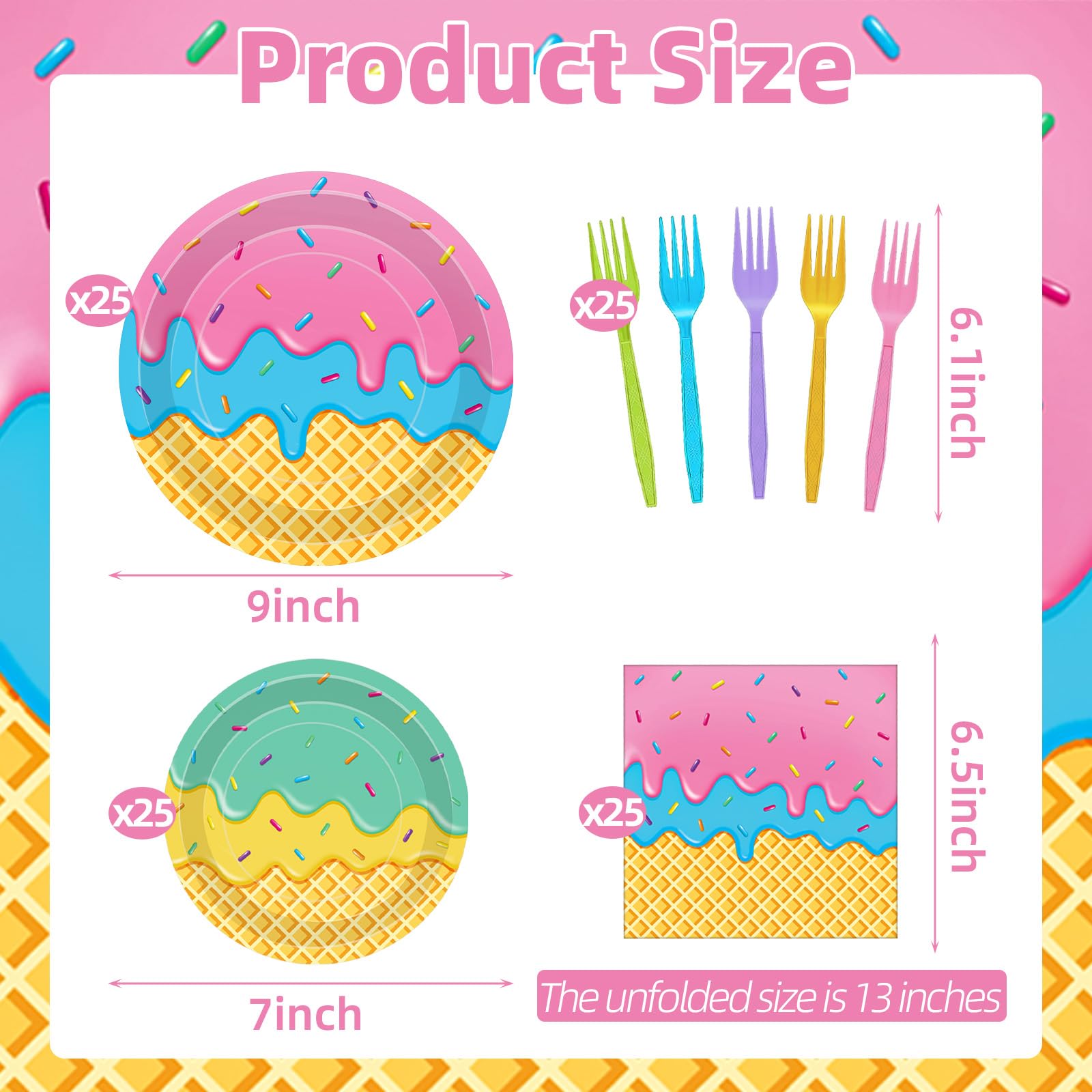 100 Pcs Ice Cream Cone Party Supplies Set, Serves 25 - Disposable Paper Plates, Napkins, and Colorful Forks, Ice Cream Themed Tableware for Kids