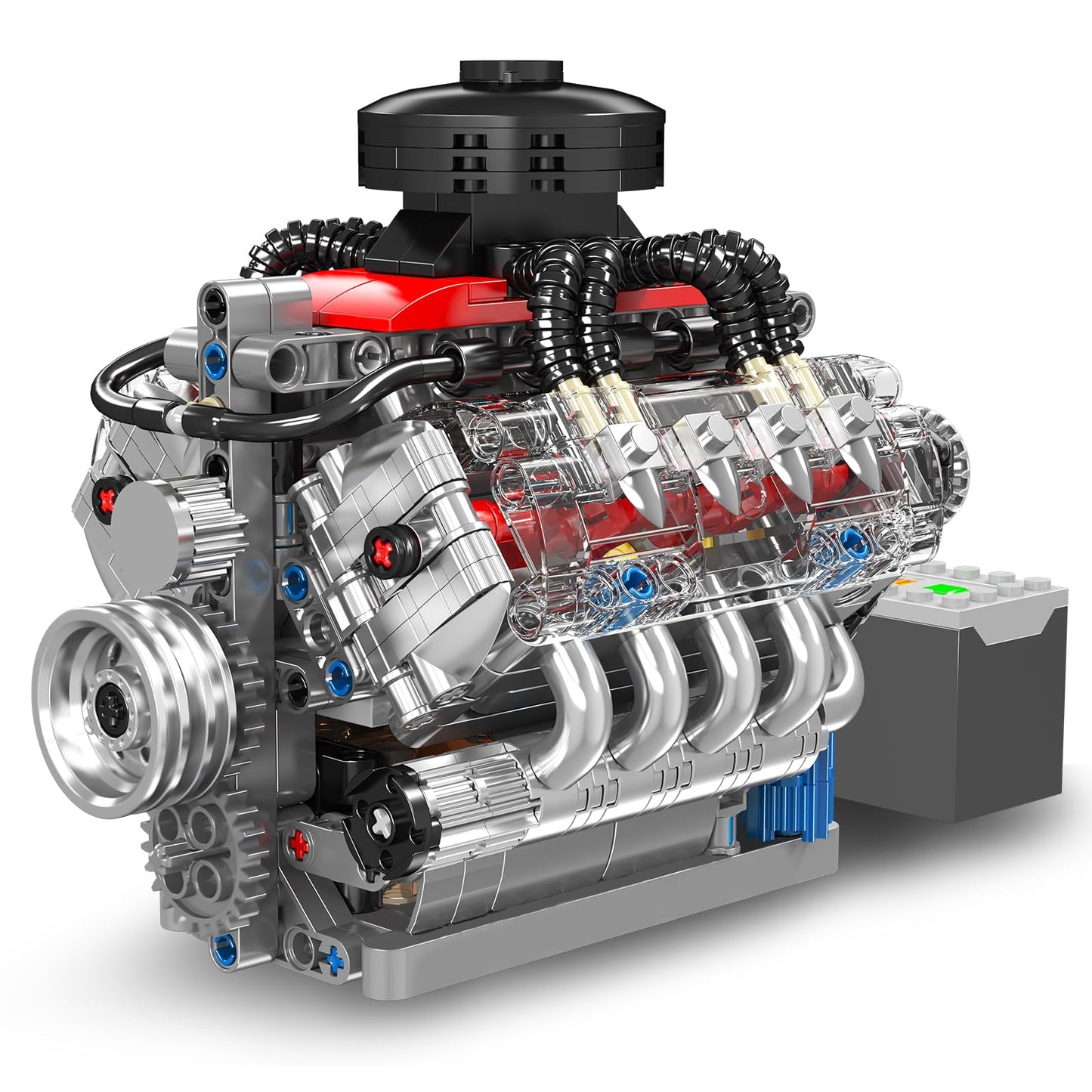 Mould King 10171 MOC Technology V8 Eight Cylinder Engine Series Gasoline Engine Block Kit Technology Clamp Blocks Kit Contains Engine and Battery Box