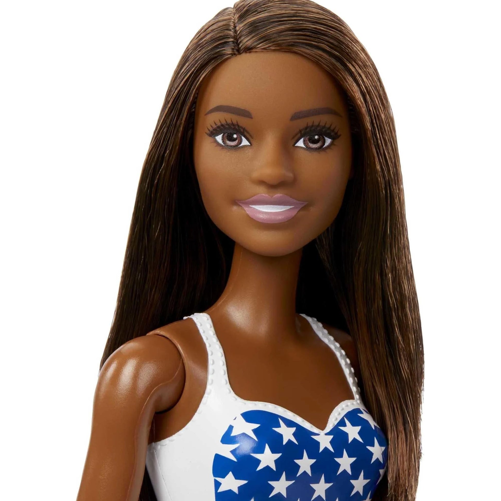 Barbie Doll with Beach Theme in American Flag Stars and Stripes Swimsuit, Brunette