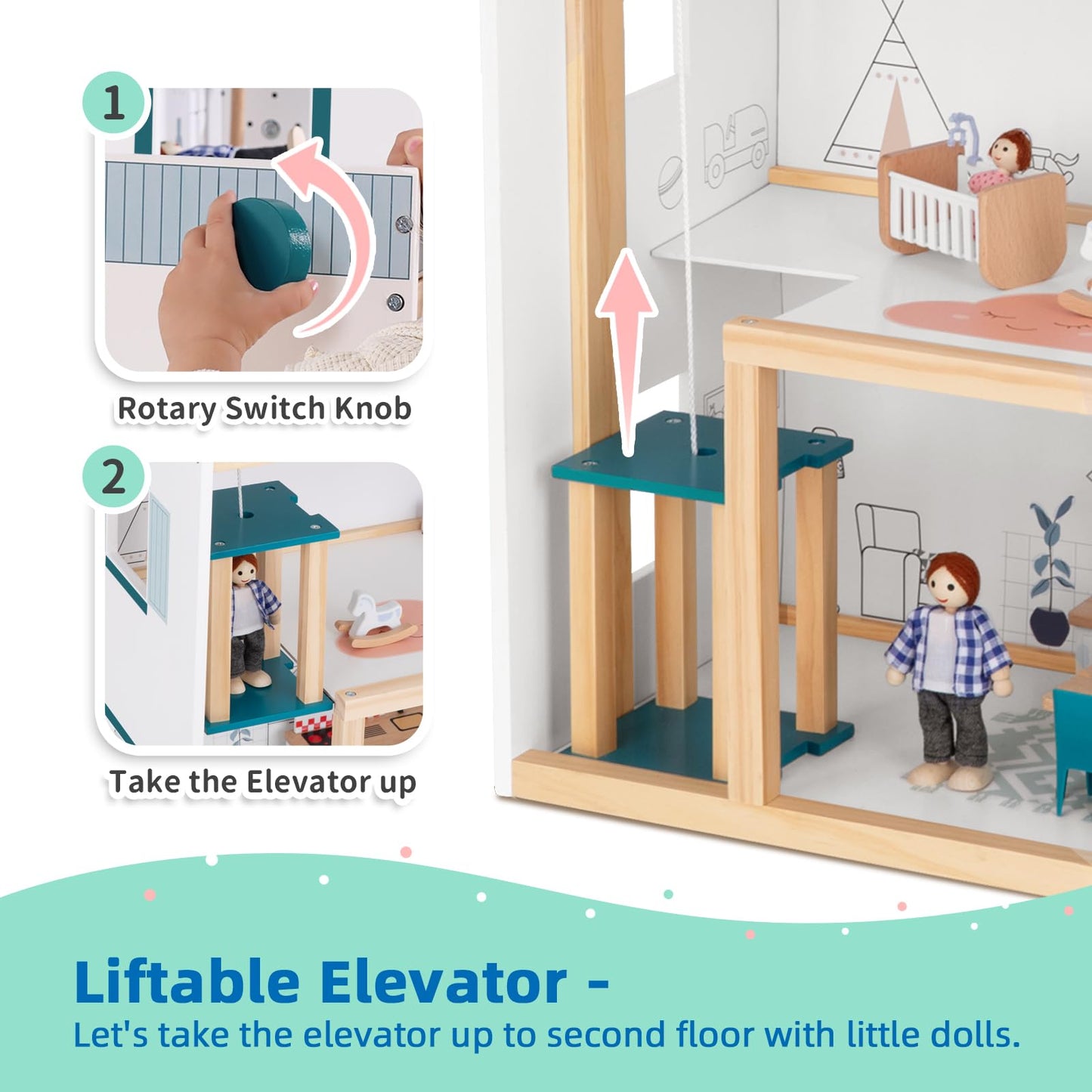 OOOK Wooden Dollhouse with Liftable Elevator - 2.6 Feet High Modern Doll House for Kids Toddlers - Including 21 Furniture Pieces, 4 Family Dolls,
