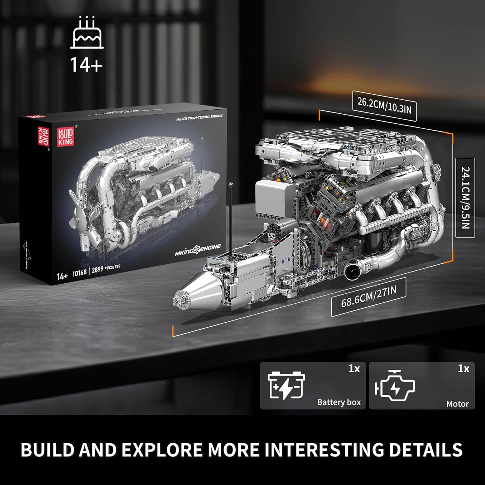 Mould King V8 Twin-Turbo Engine Model Kit That Runs, Mini Engines Building Blocks Set for Adults with Battery and Motor, Engineering Construction STEM