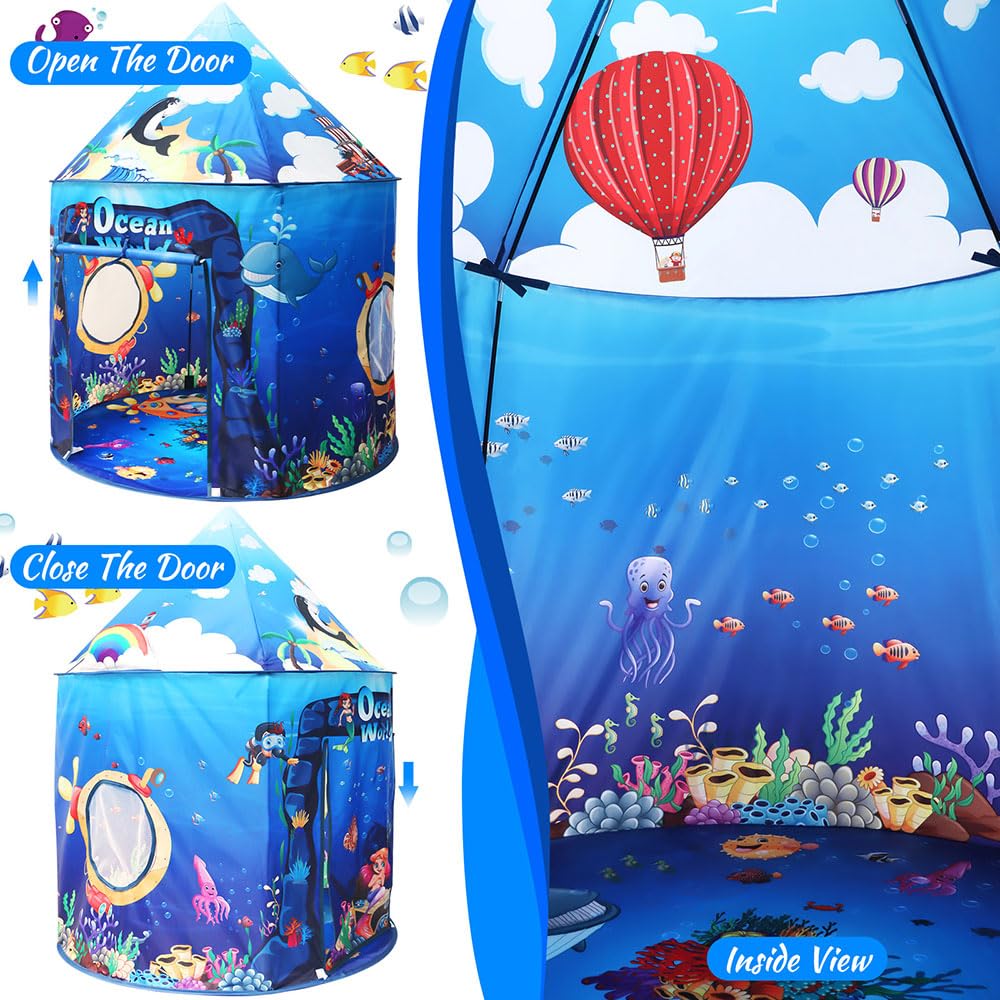 KIRKJUFELL Premium Under The Sea Kids Tent, Ocean Mermaid Play Tent for Kids as Gifts, Pop Up Princess Castle for Boys & Girls as Chirldren Playhouse