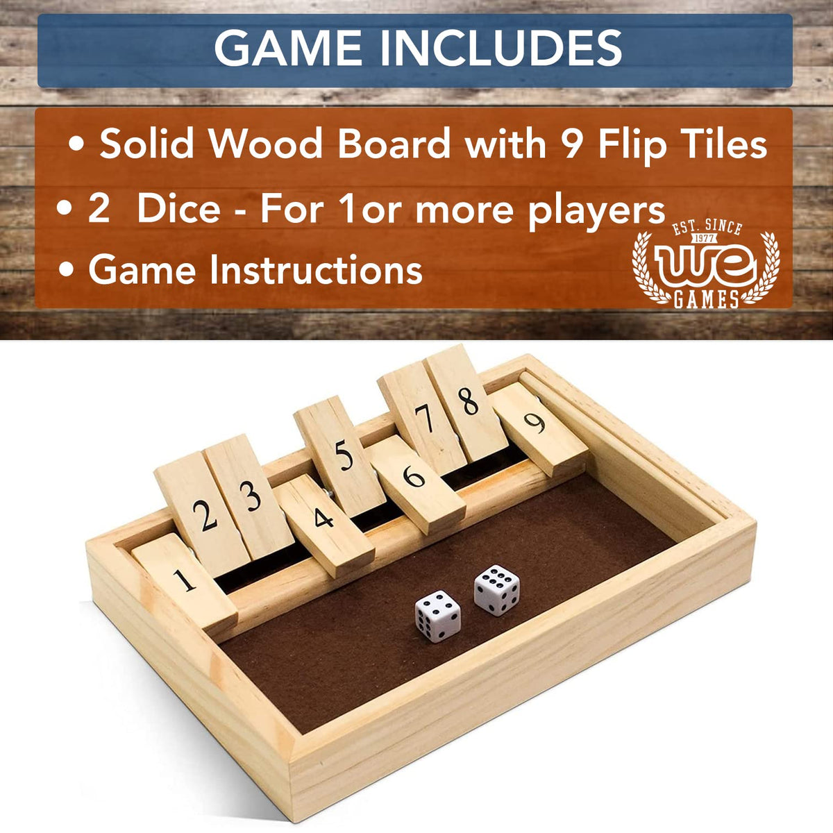 Classic Dice Board Game - 9 Number Flip Tiles with Natural Wooden Box - 11 inches