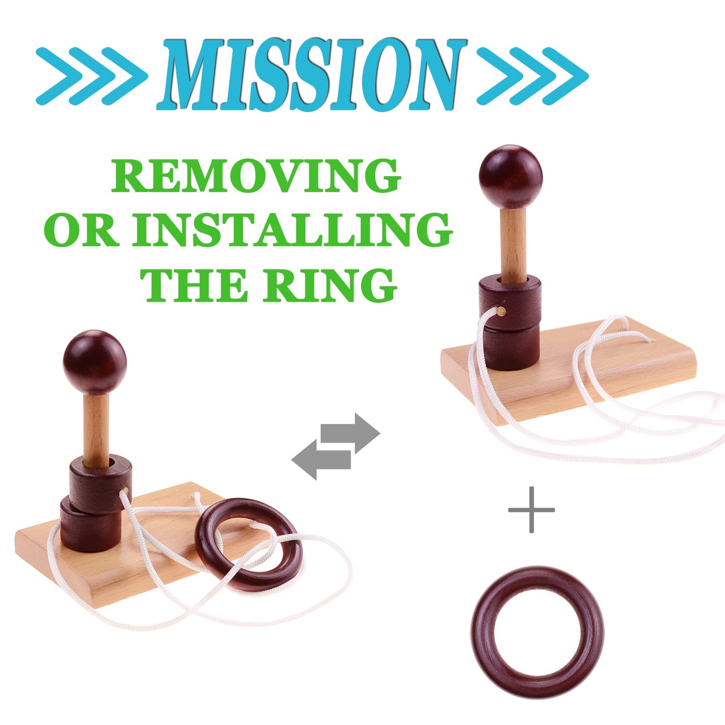 KINGOU 4 Pack Classic Wooden Rope Puzzle Set Ring Puzzles String Solution Central Brain Teaser for Adults/Kids Game