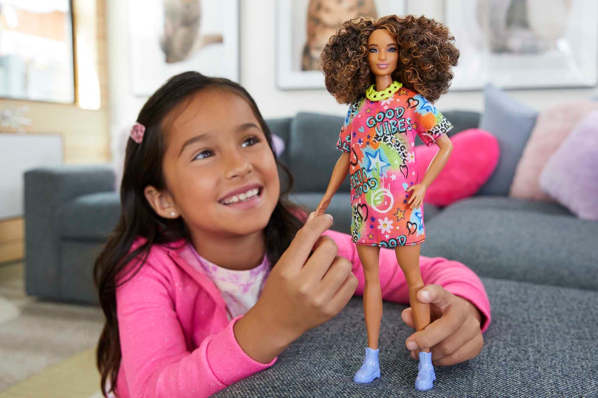 Barbie Fashionistas Doll #201, Athletic Body with Curly Brunette Hair, Graffiti-Print Dress & Accessories Including Boots & Chain Necklace