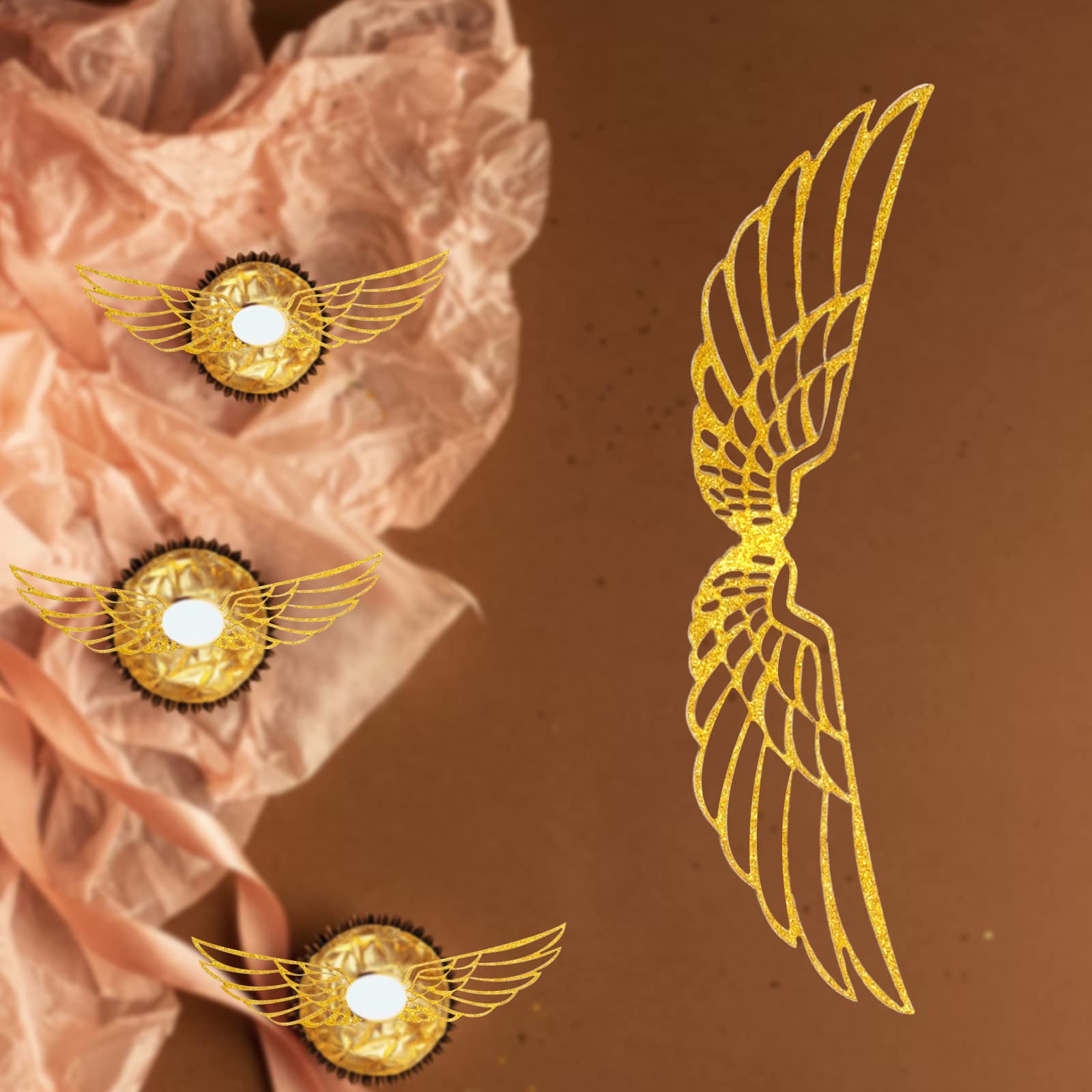 XQNRWYTU 50 PCS Golden Wings Chocolate Decor Wizard Party Chocolate Decoration Hollowed Wings Wafer Cupcake Toppers with Glue Point for Them Party
