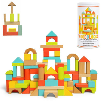 MOD 100-Piece Wood Building Blocks Set - Includes Heavy Duty Shape-Sorter Lid & Storage Bucket Pastel Color Wooden Blocks, Educational Screen-Free Toy