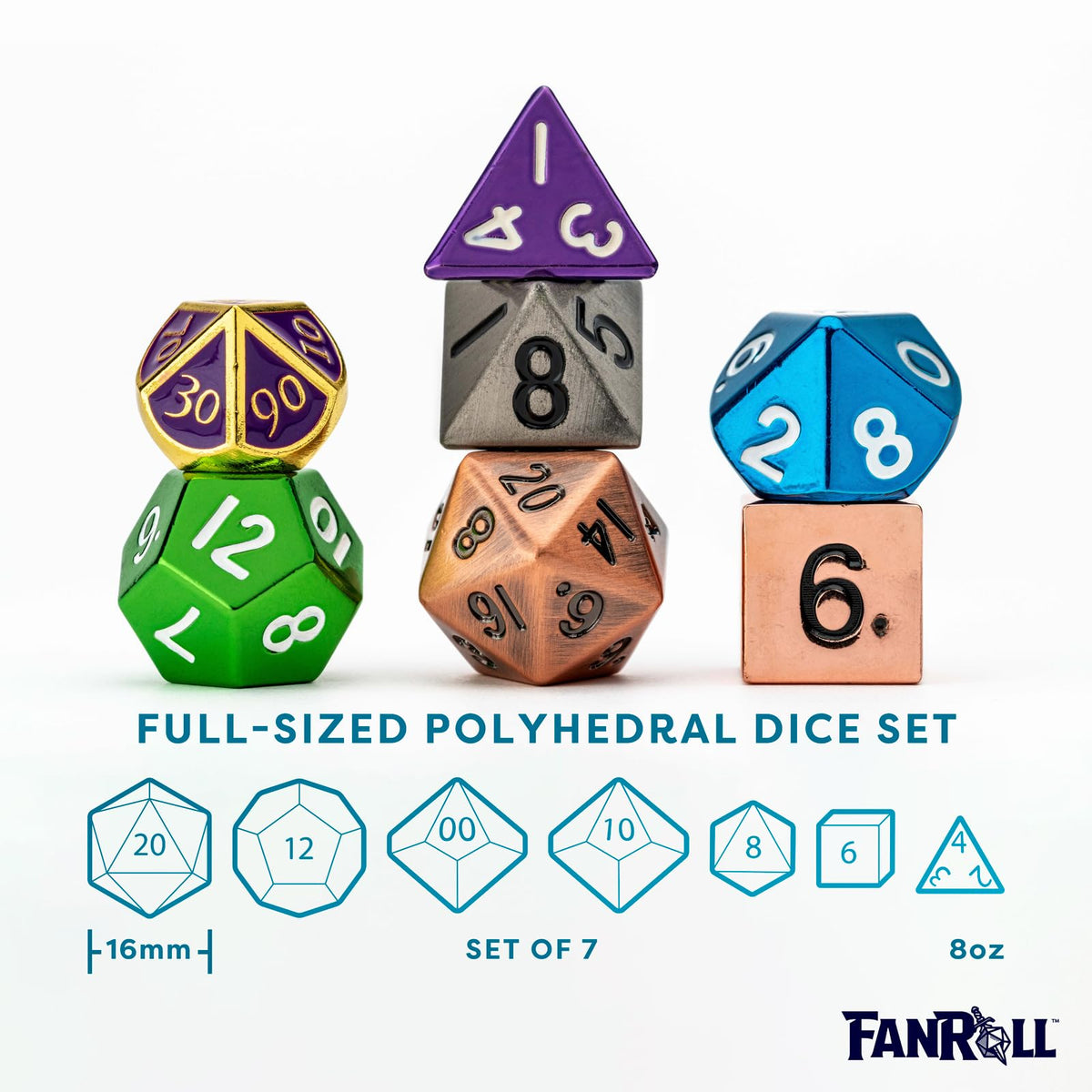 FanRoll Mystery Misfit Metals: Bag of 7 Assorted Polyhedral 16mm Metal Dice
