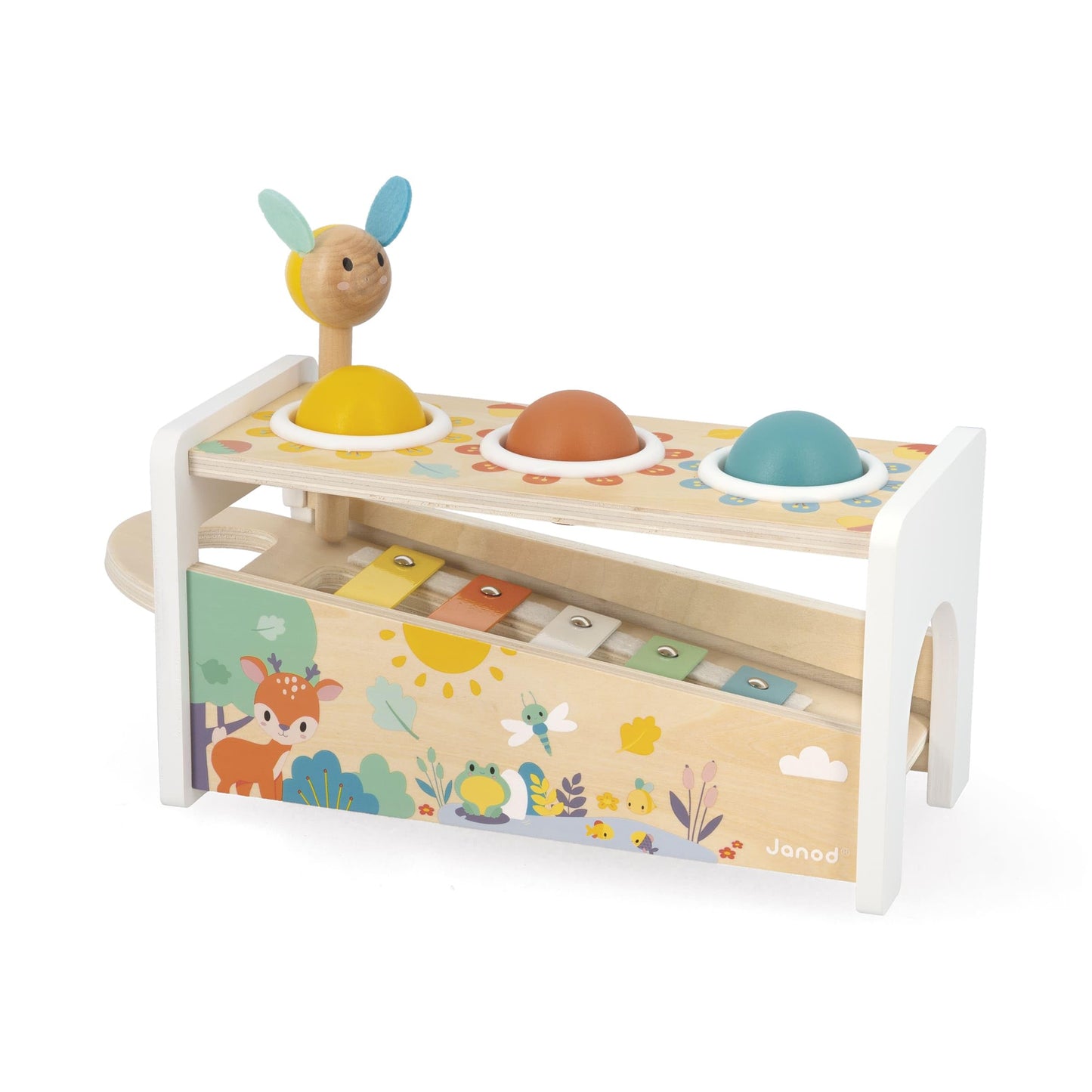 Janod Pure Tap Pastel Wooden Xylophone Pounding Bench with Cherry Wood Balls & Bee Shaped Hammer for Ages 12+ Months (J05155)