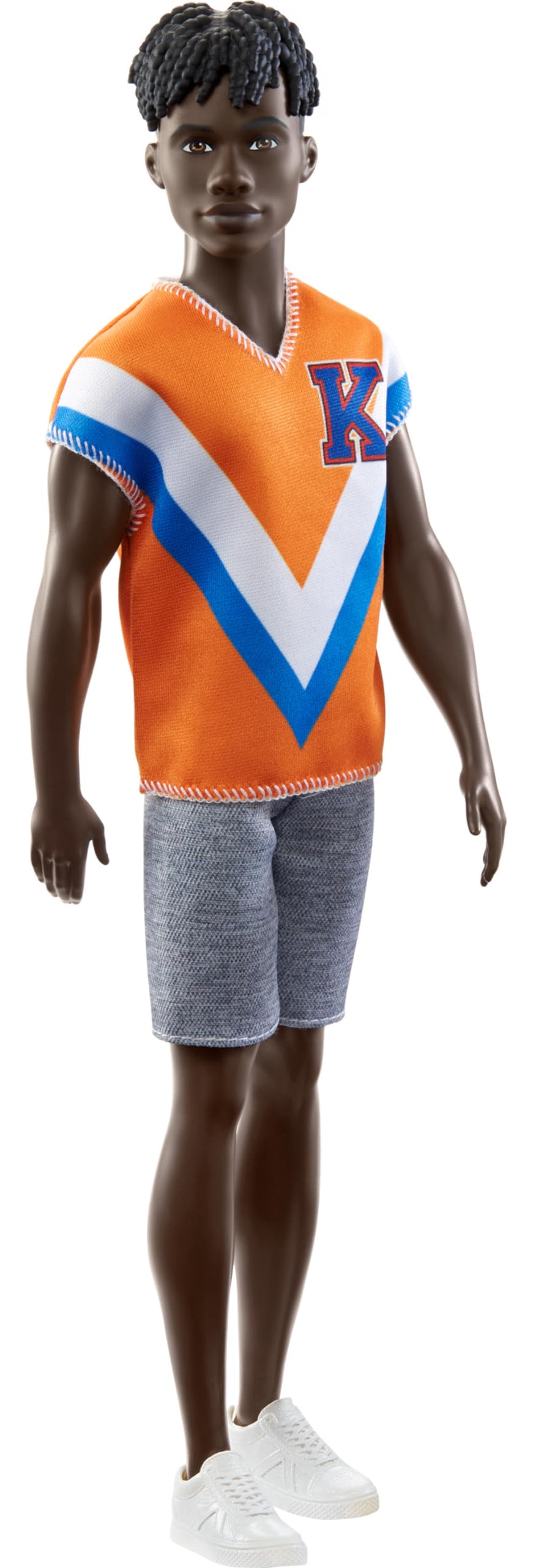 Barbie Fashionistas Ken Fashion Doll with Twisted Black Hair Wearing Orange Athletic Jersey, Shorts & White Sneakers