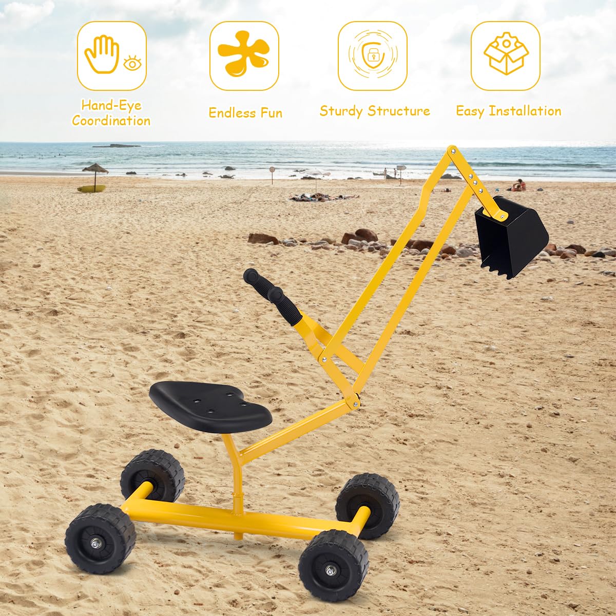 GLACER Kids Sand Digger with Wheels, Sandbox Excavator Crane with Rotatable Seat, Kids Ride on Swivel Digger for Dirt and Snow, Steel Digging Scooper