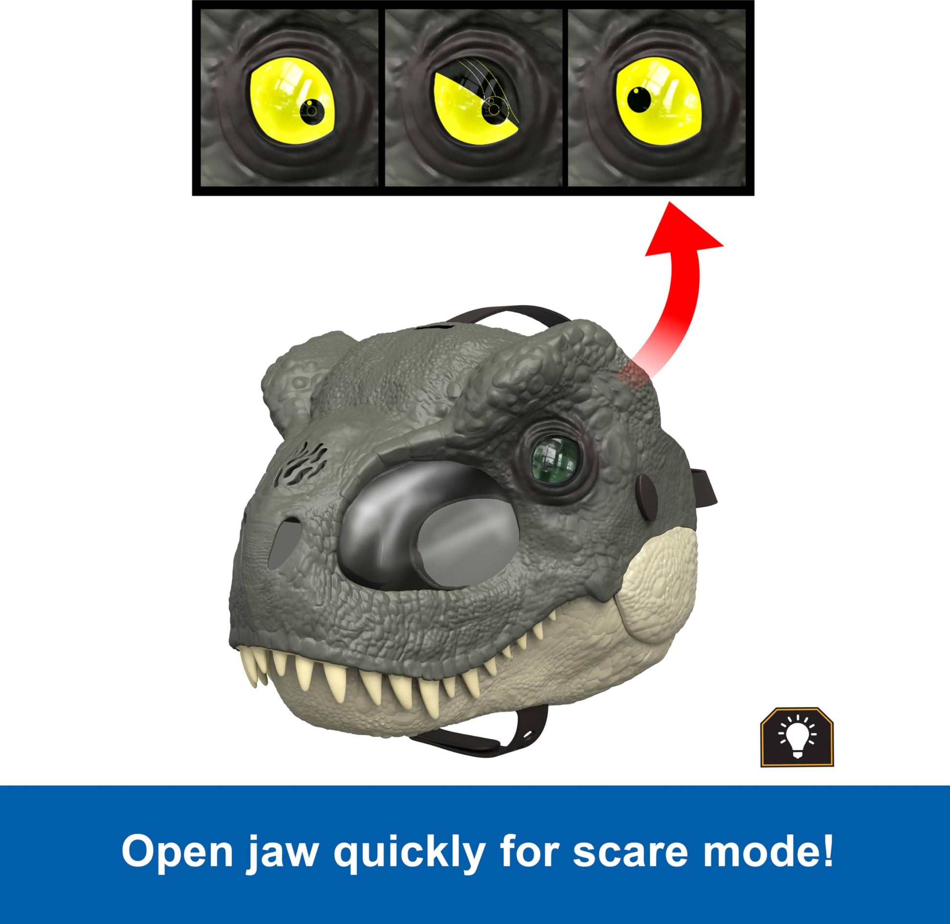 Mattel Jurassic World Rebirth T-Rex Rage N Roar Mask with LED Light Up Eyes, Blink Action with 3 Level Aggression Effect, Dinosaur Costume Headgear