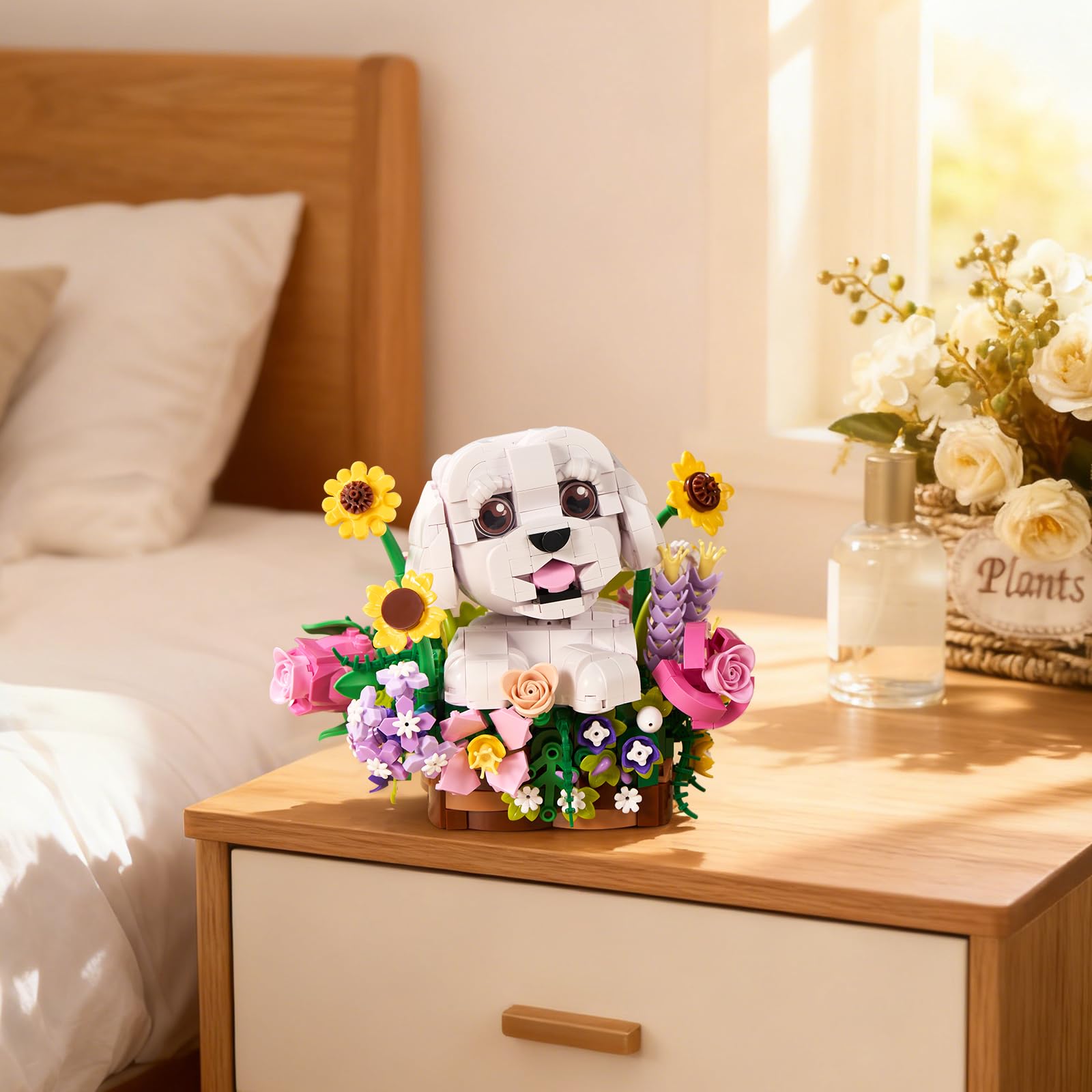 Adorable Dogs Bouquet Succulent Building Blocks,Compatible with Lego Adorable Dogs Artificial Flowers Bonsai,Creative Plants and Animals Decoration