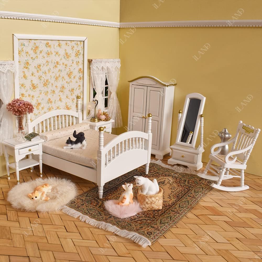 iland Mini Cat Figurines, 1/12 Scale Miniature Dollhouse Accessories, 4PCS Realistic Tiny Pet Figures with Dollhouse Decor Basket & Rug, Cute Cake