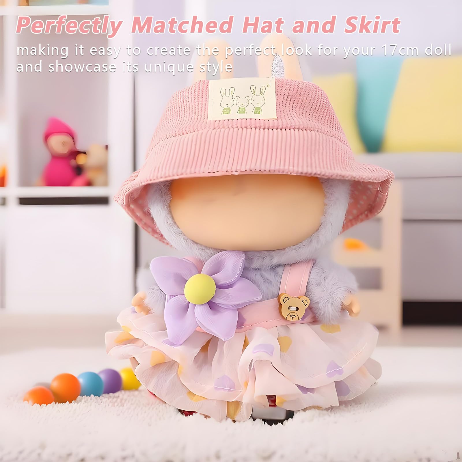 Satakara Doll Clothes Set for 17cm Dolls (6.7 inch) - Kawaii Purple Flower Outfit with Matching Hat, Party Clothing Accessories (STK03)