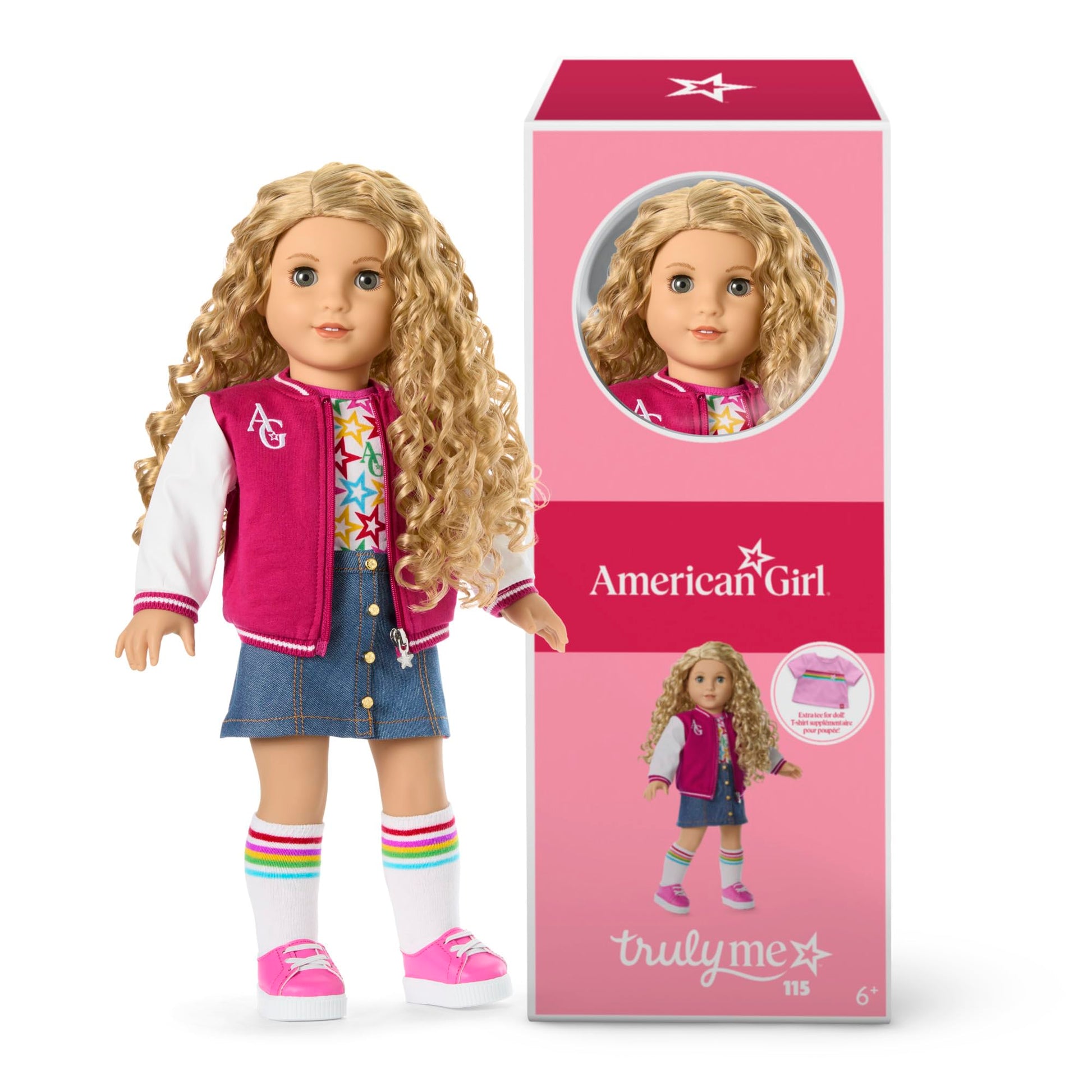 American Girl, Truly Me 18-inch Doll #115 with Gray Eyes, Curly Blonde Hair, Light Skin, Varsity Jacket, for Ages 6+