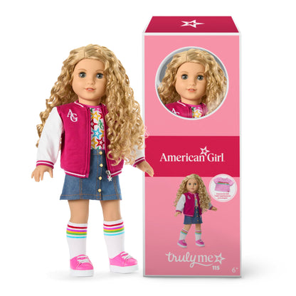American Girl, Truly Me 18-inch Doll #115 with Gray Eyes, Curly Blonde Hair, Light Skin, Varsity Jacket, for Ages 6+