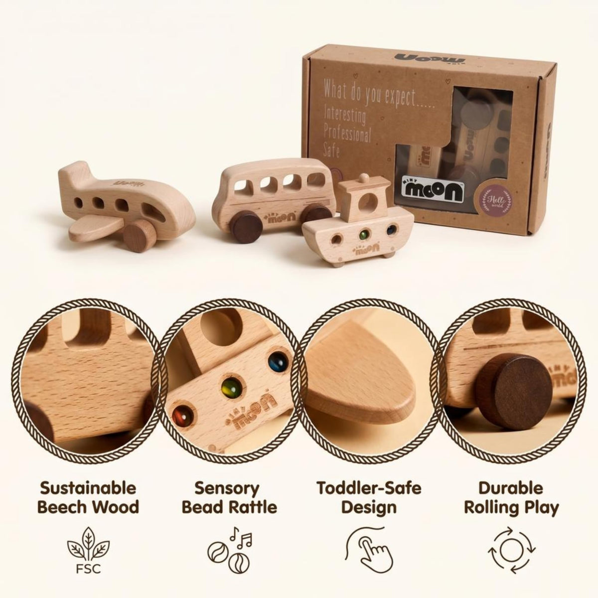 MINYMOON Wooden Toys for 1 Year Old - Montessori Baby Toy Set with Bus, Airplane & Boat - Minimalist Nursery Decor & Teething Safe Infant Toys