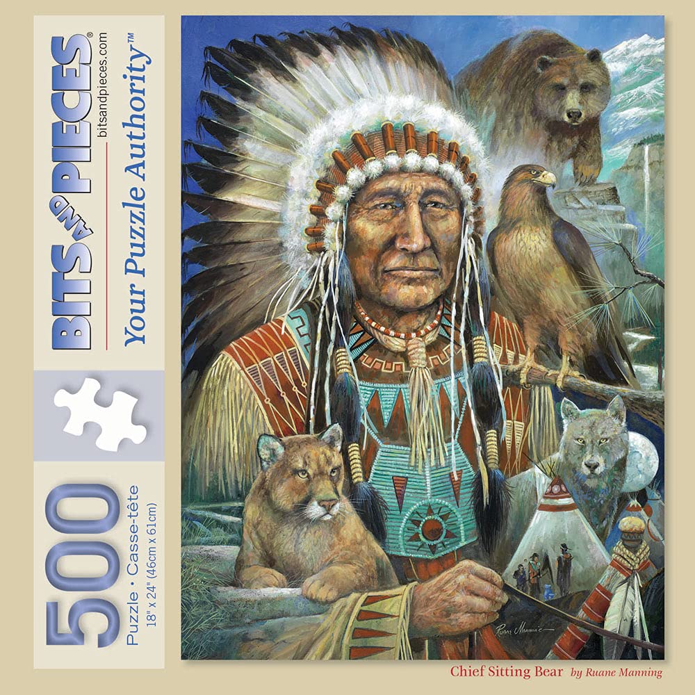 Bits and Pieces - Chief Sitting Bear Jigsaw Puzzle for Adults - Native American Chief with Animal Spirits, Wolf, Eagle, and Tent by Artist Ruane