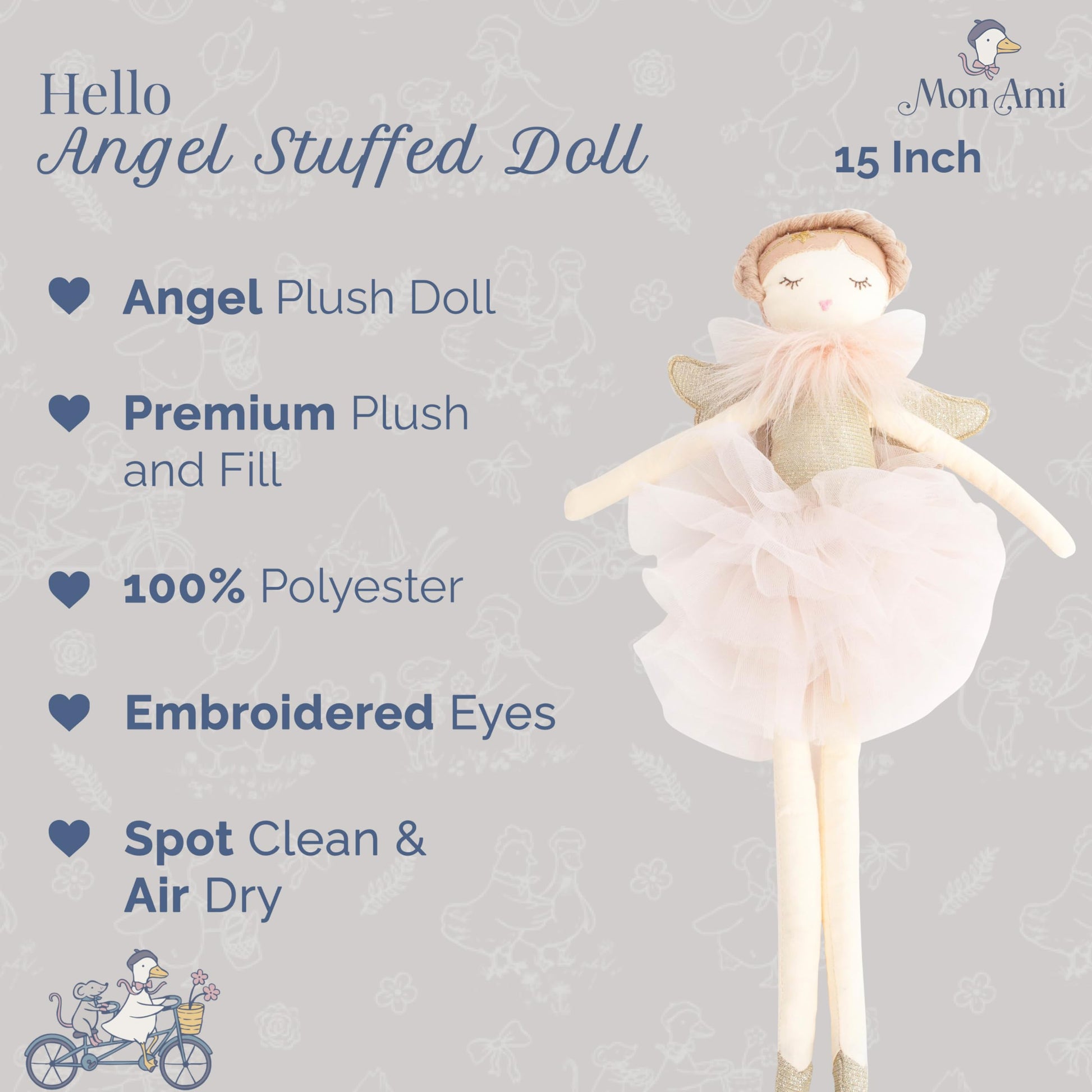 MON AMI Angel Stuffed Doll - 15", Soft Elegant Plush Doll for Little Girls, Use as Toy or Room Decor