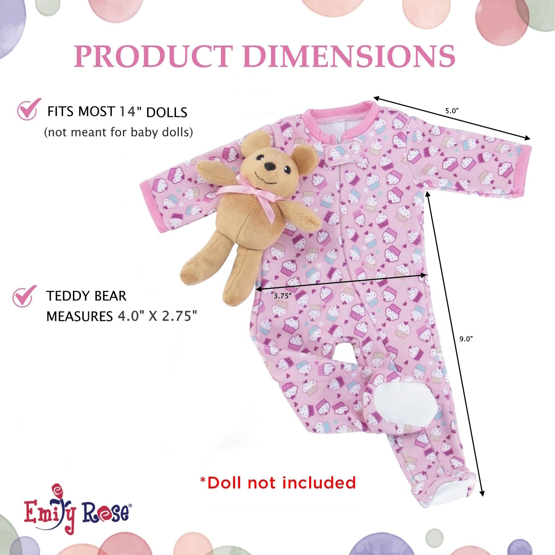 Emily Rose 14 Inch Doll Pink Cupcake Print Pajama Set Gift Boxed | USA Brand 2-Piece Sleeping Outfit with Teddy Bear Companion | Encourages Creative