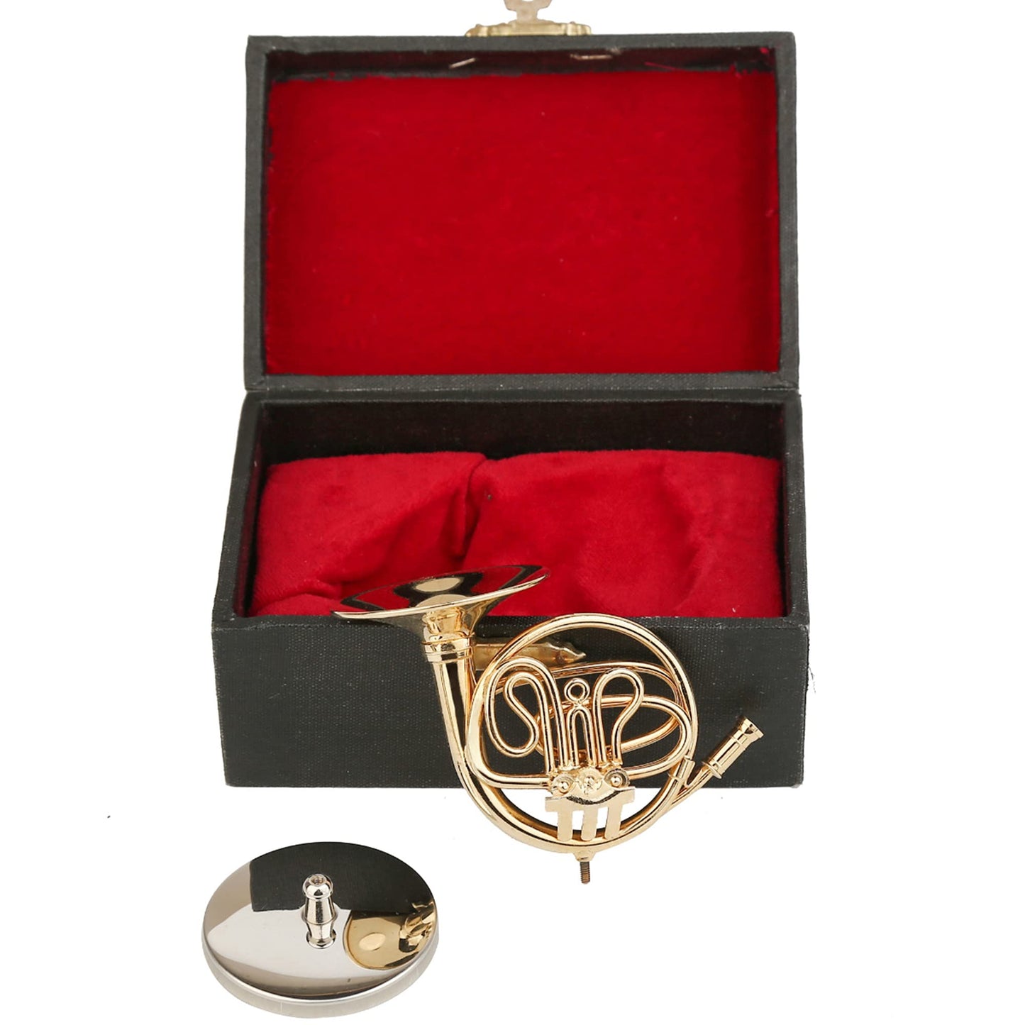 Dselvgvu Miniature French Horn with Stand and Case Brass Mini Musical Instrument French Horn Replica Collectible Figurines Dollhouse Accessories Model