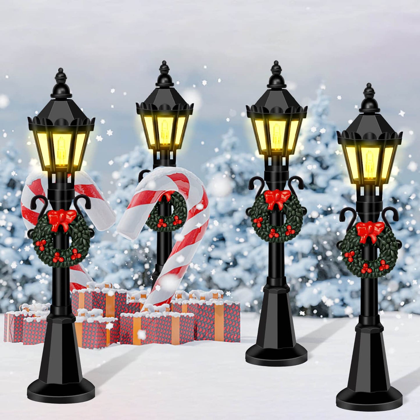 Christmas Mini Street Light Models, 4 Pcs Mini Street Lamp Dollhouse Streetlight Models, Miniature Christmas Village Pathway Lantern Post for DIY