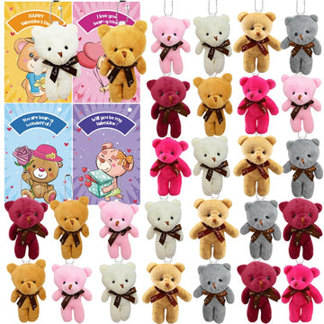 28PCS Valentine's Day Gift Cards Plush Bear Stuffed Keychain Toys, Mini Stuffed Animal Plush Toys Keychains for Kids School Classroom Rewards
