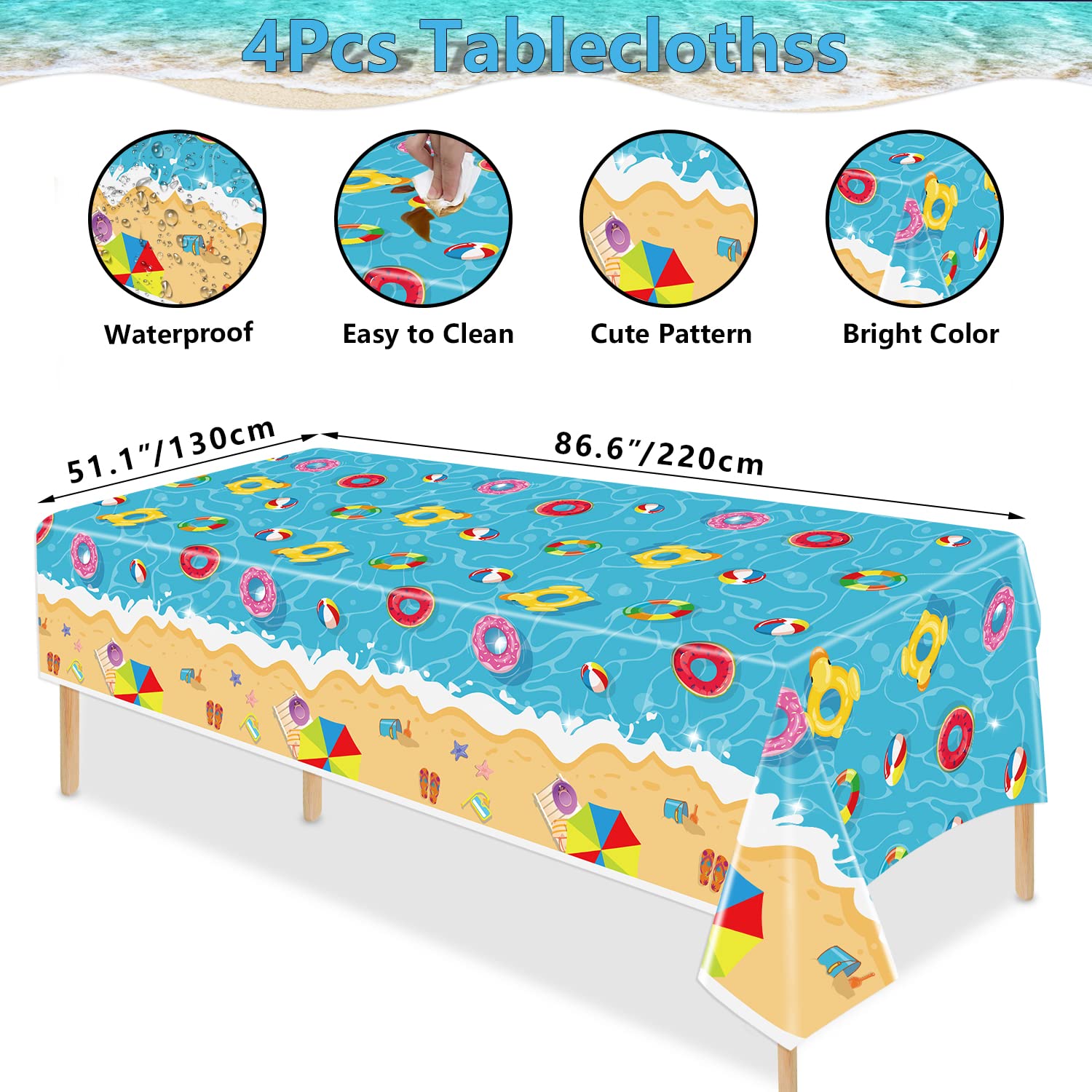 Hegbolke 4 Pack Summer Beach Tablecloths - Hawaiian Decorations Disposable Plastic Table Cover for Summer Beach Swimming Pool Birthday Baby Shower