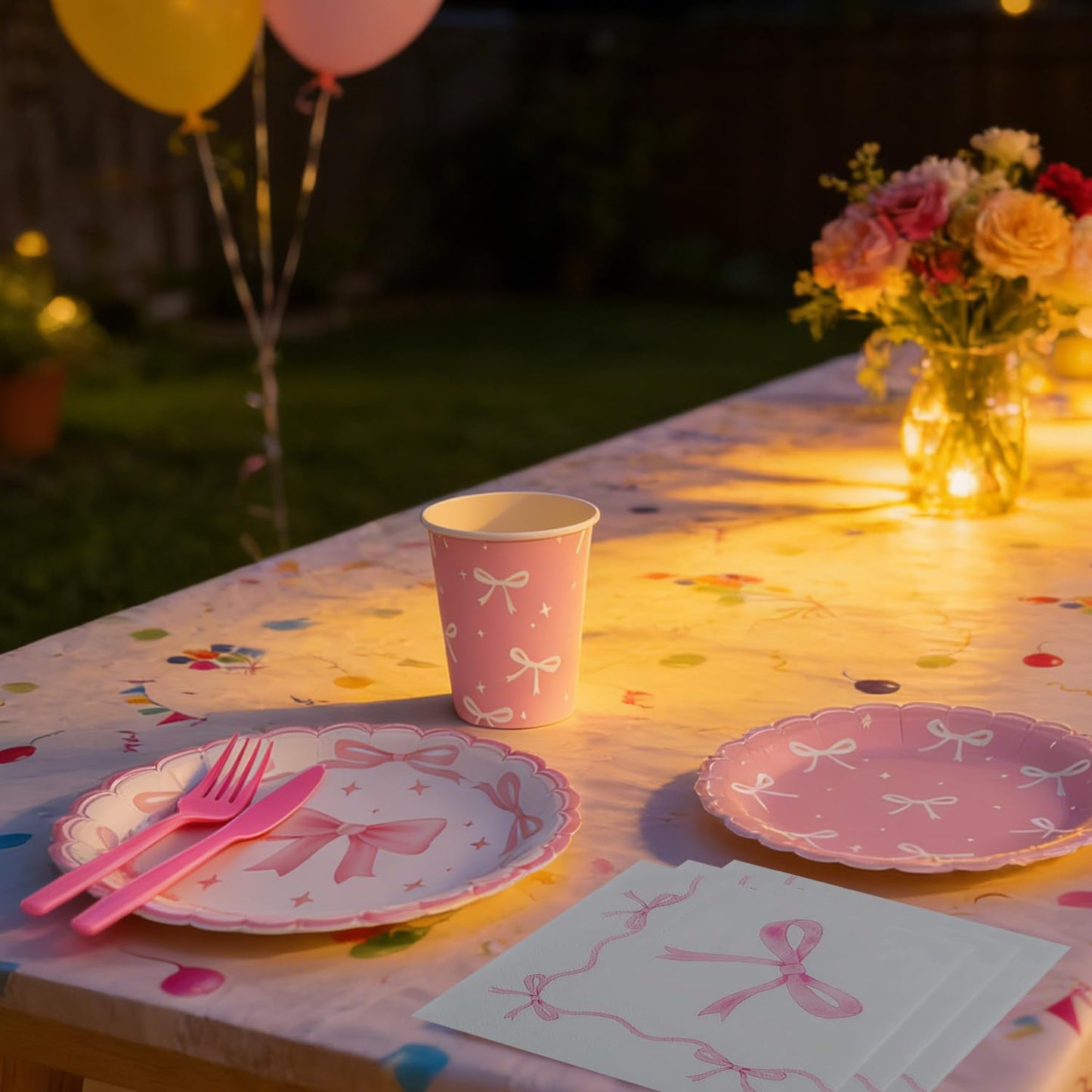 Pink Bow Birthday Party Supplies Serve 24, Coquette Birthday Decorations Include Bow Plates Napkins Cups Tablecloth straw Bow Theme Tableware