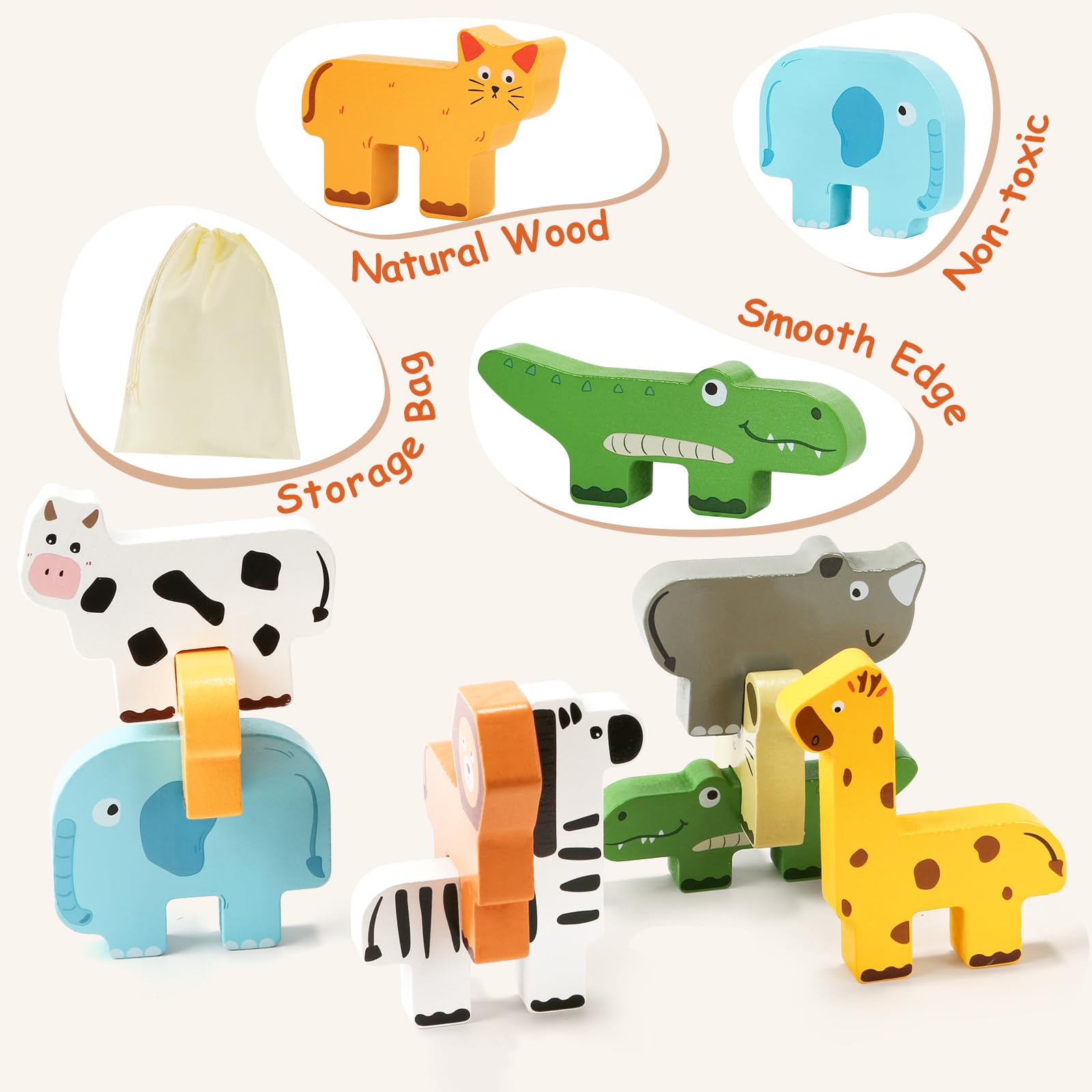 JugueteLand Wooden Animal Stacking Puzzle Toy, Educational Balancing Activity Toy for Kids, Wooden Zoo Animal Building Blocks Stacker & Bag, Stacking