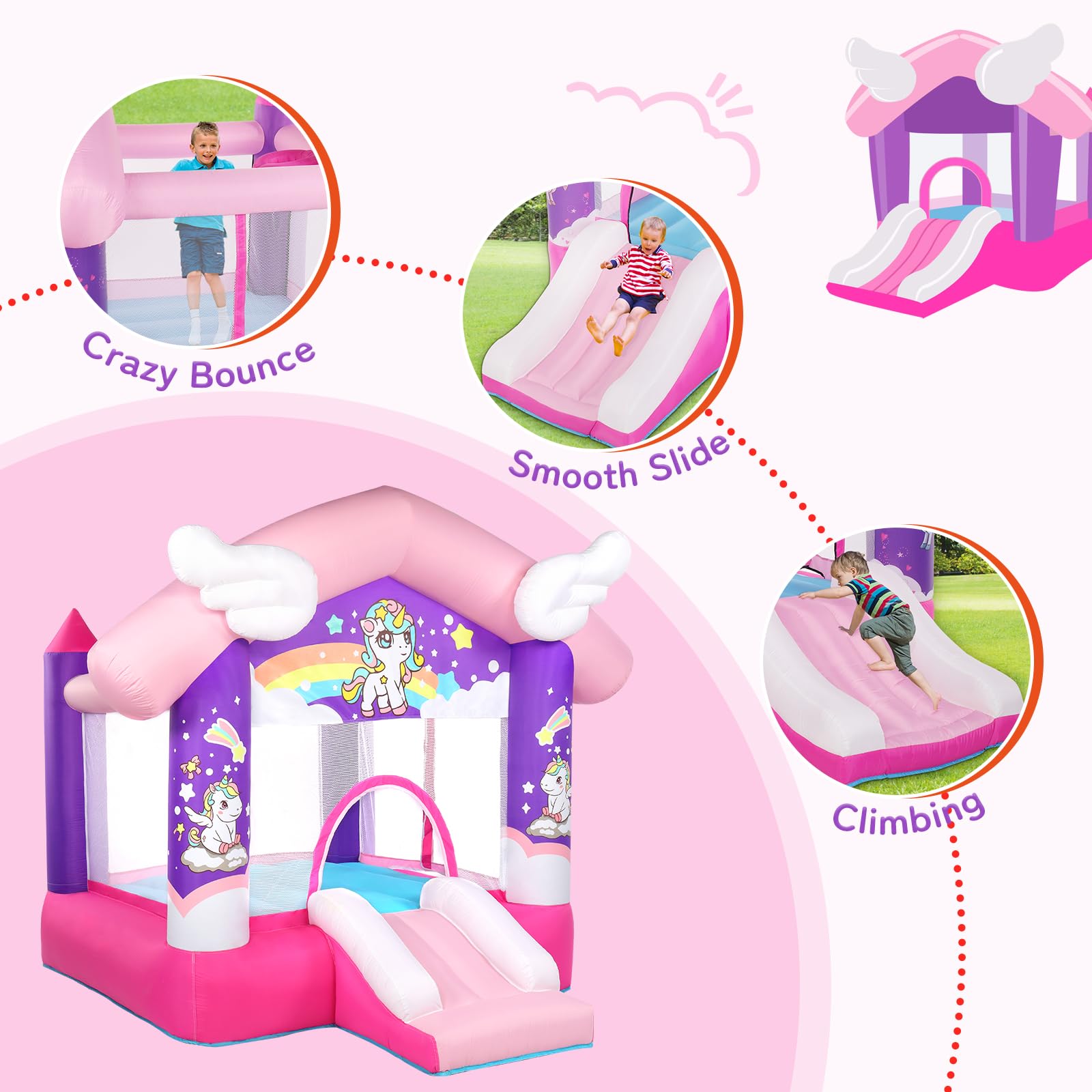 JOYMOR Pink Inflatable Bounce House with Slide, Unicorn Theme Princess, for Girls Outdoor and Indoor Use, Pink Bounce House for Kids 3-6 (Blower