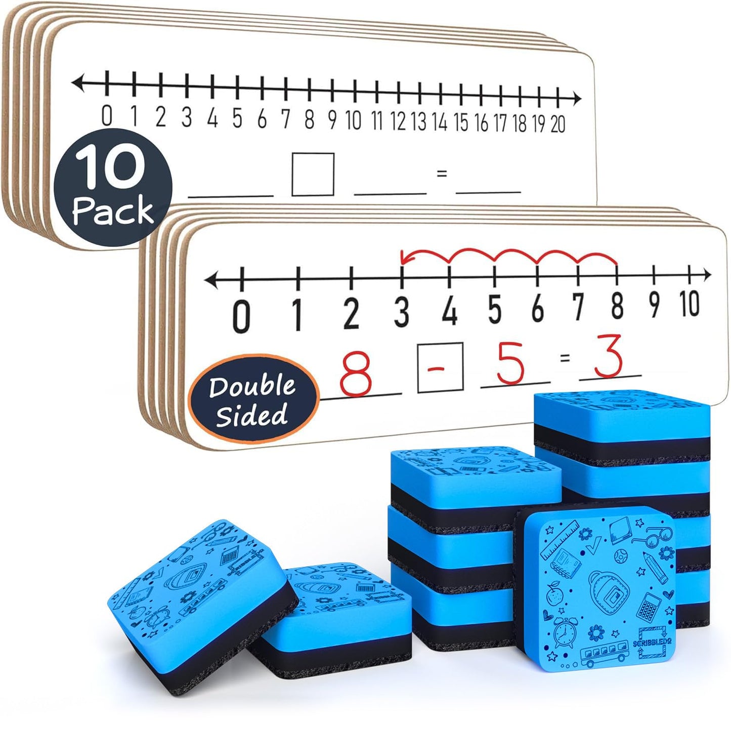 SCRIBBLEDO 10 Pack Dry Erase Number Line White Boards 4x12 Double Sided 1-10 & 1-20 Numberline Math Manipulatives for Kids Students Teachers Classroom