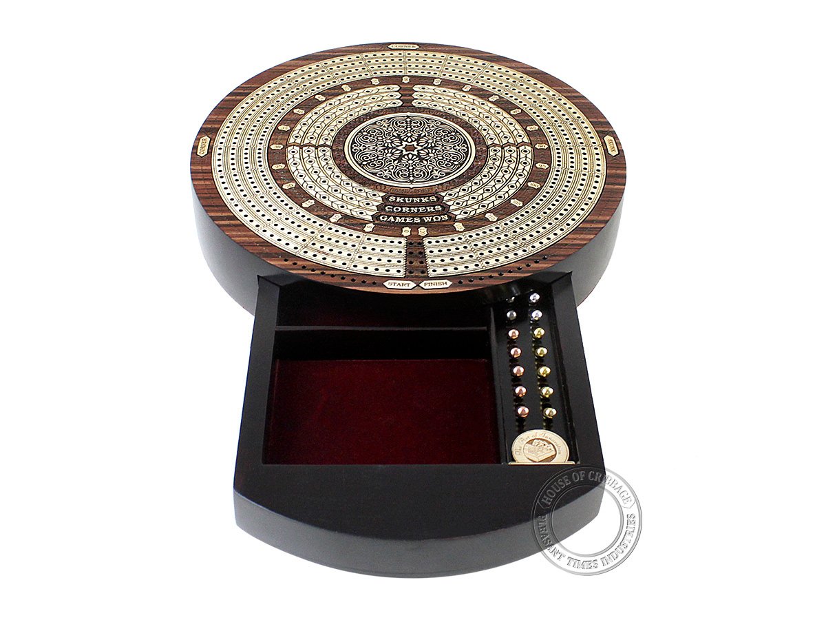 House of Cribbage - 10" Round Shape 4 Tracks Continuous Cribbage Board - Rosewood/Maple - Push Drawer with Score Marking Fields for Skunks, Corners