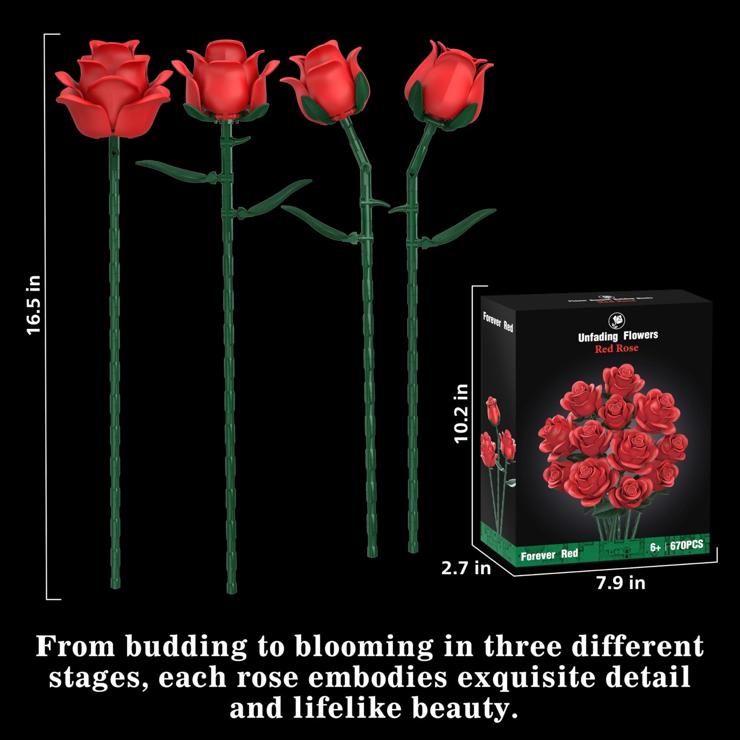 Red Roses Flower Bouquet Building Sets, 670Pcs Artificial Flowers Building Blocks Compatible with Lego Flowers Valentines Day Gifts