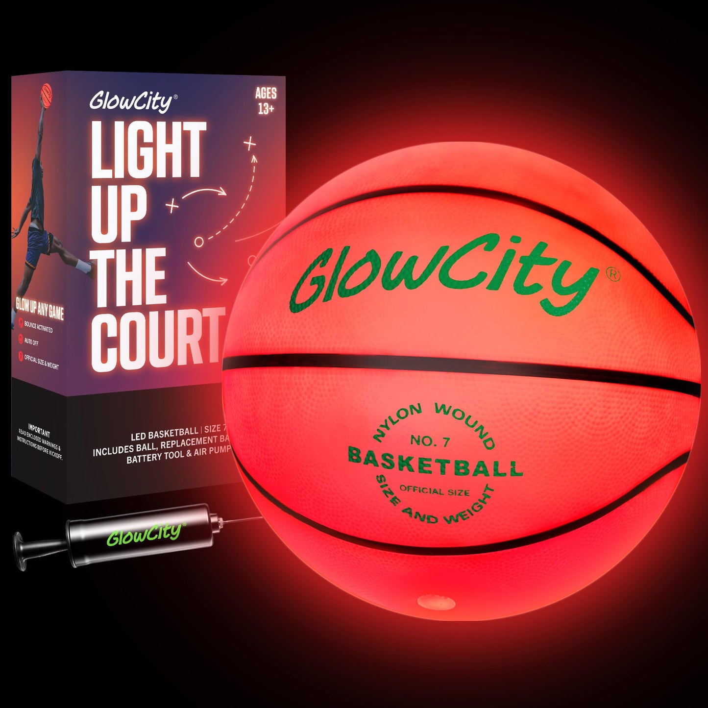 GlowCity Glow in The Dark Basketball - Size 7 Light Up Ball for Teen Boys Gifts, Adults - Red Glow for Outdoor Games - Sports Birthday Gift Ideas