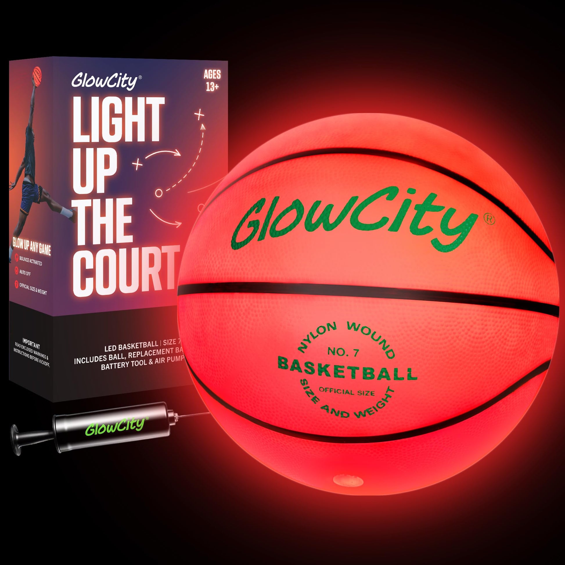 GlowCity Glow in The Dark Basketball - Size 7 Light Up Ball for Teen Boys Gifts, Adults - Red Glow for Outdoor Games - Sports Birthday Gift Ideas