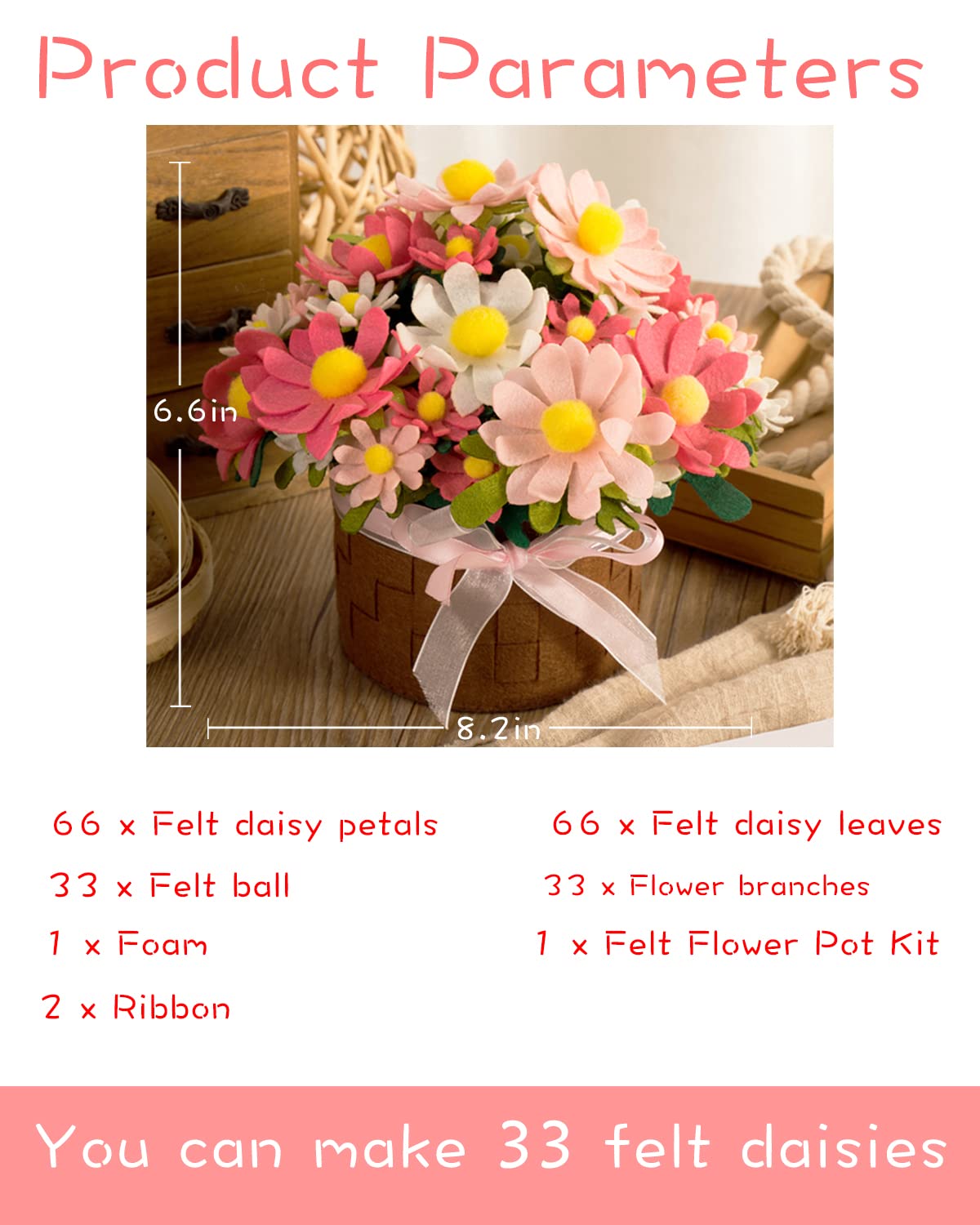 BAZIMA DIY Felt Flower Art Craft Kit, DIY Daisy Pot Bonsai Kit, 33 Daisies, Floral Gifts, Beginner Craft Kit, Arrange Pre-Cut Flowers and Foliage