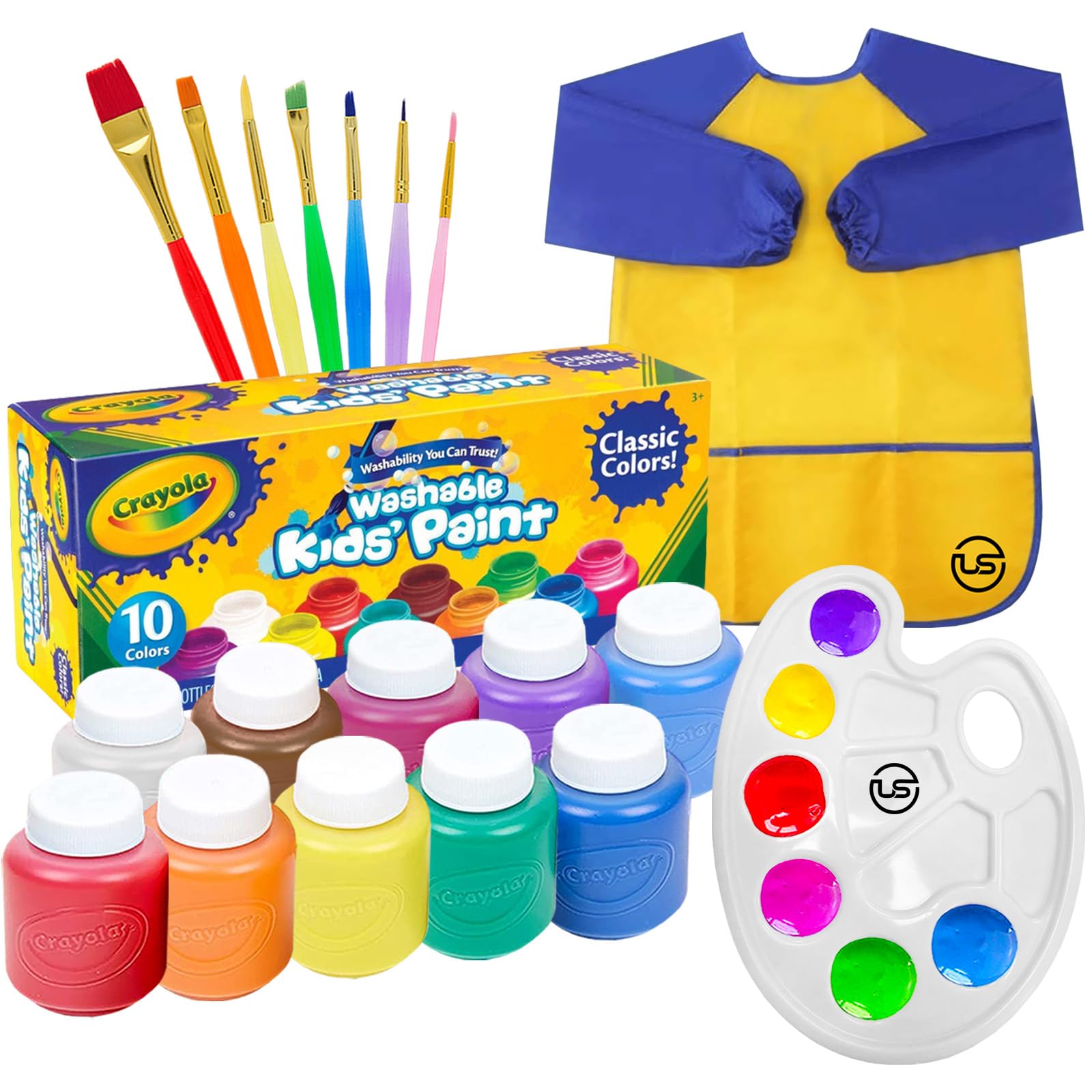 Kids Painting Set, Washable Paint for Kids 10 Colors, 7 Paintbrushes, Paint Palette, Painting Smock, Non Toxic Tempera Paints 2 oz Each,Paints