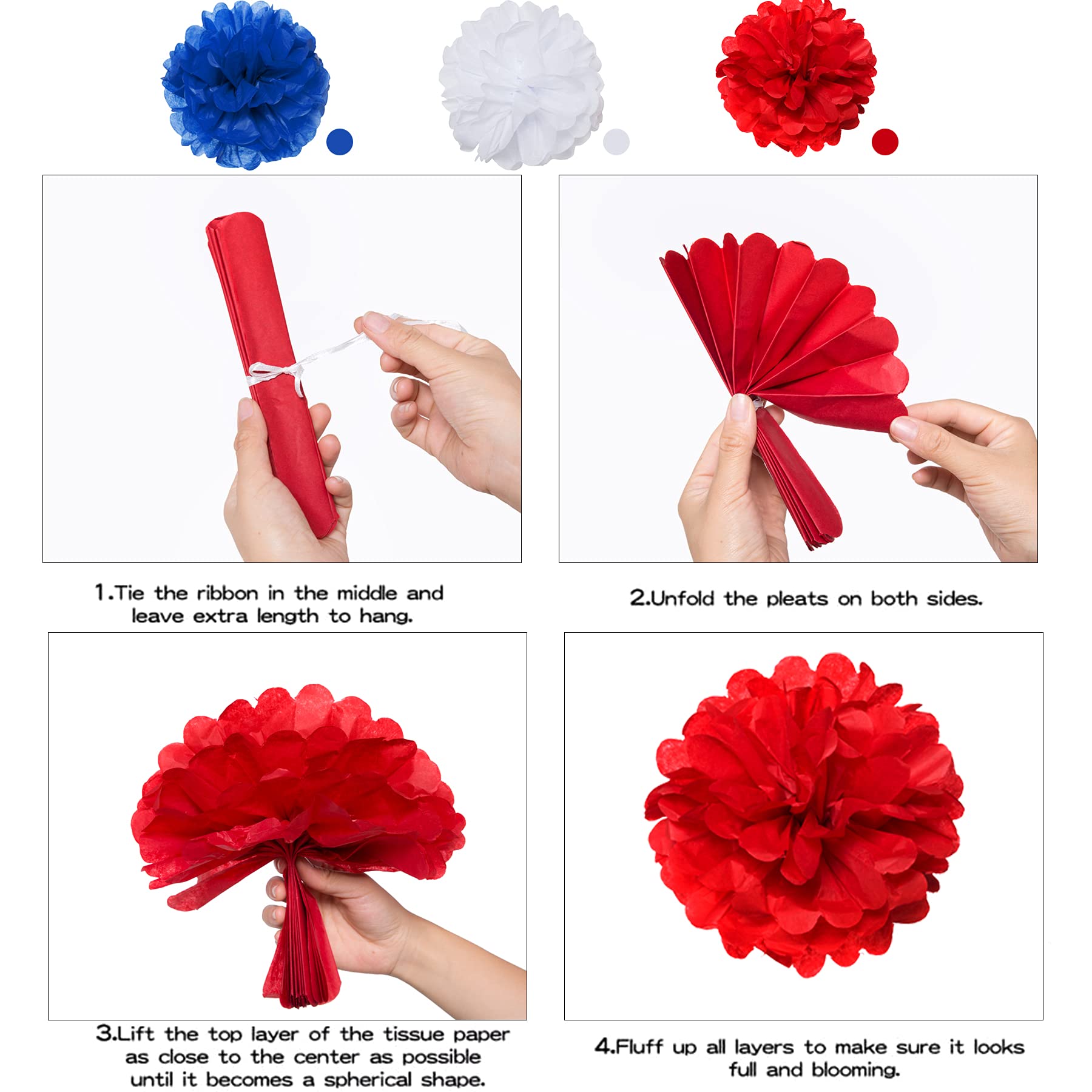 Blue White and Red Birthday Decorations, Patriotic Party Supplies Kit for Men Women Boys Grils, Happy Birthday Banner Paper Pompoms Red Blue Confetti