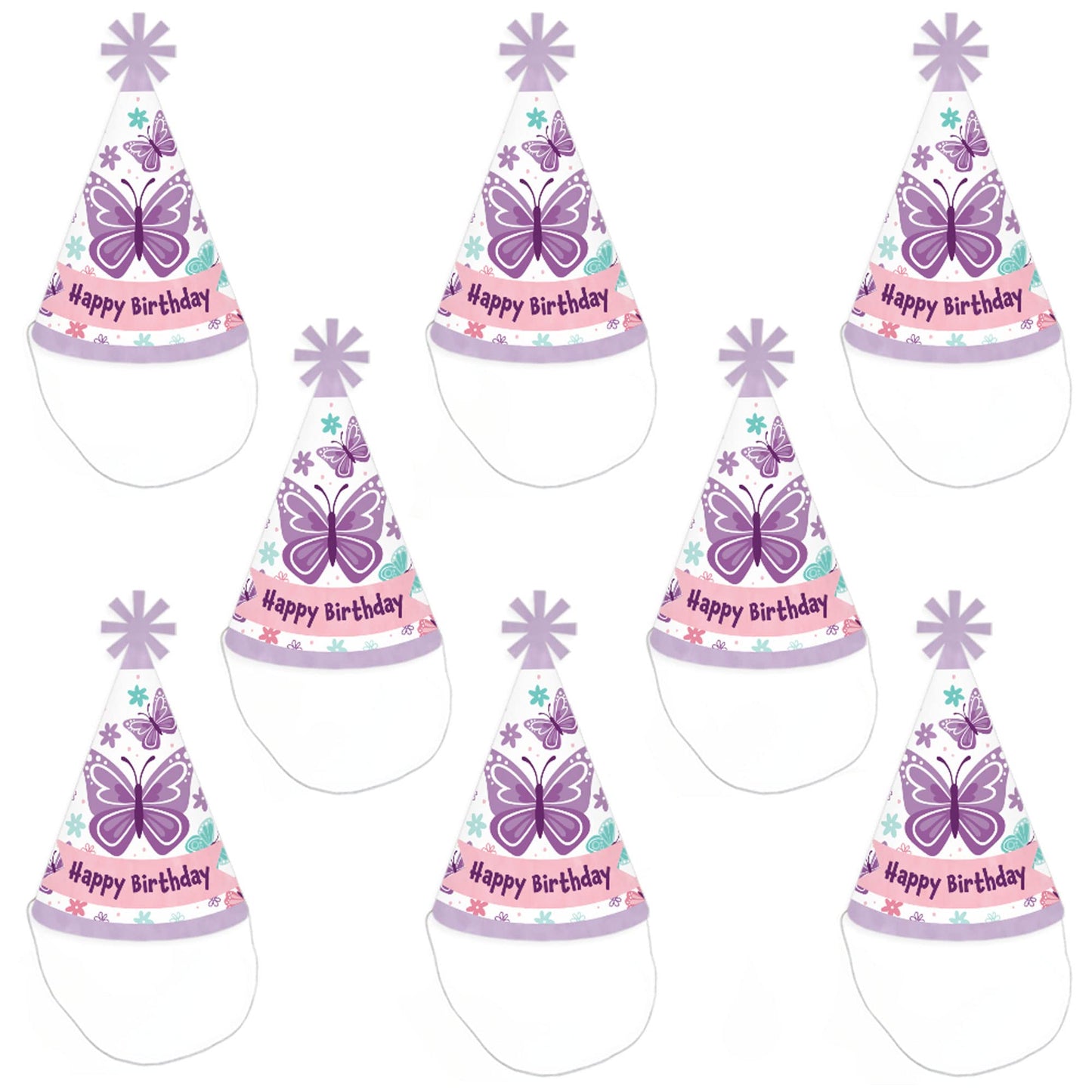 Big Dot of Happiness Beautiful Butterfly - Cone Happy Birthday Party Hats for Kids and Adults - Set of 8 (Standard Size)