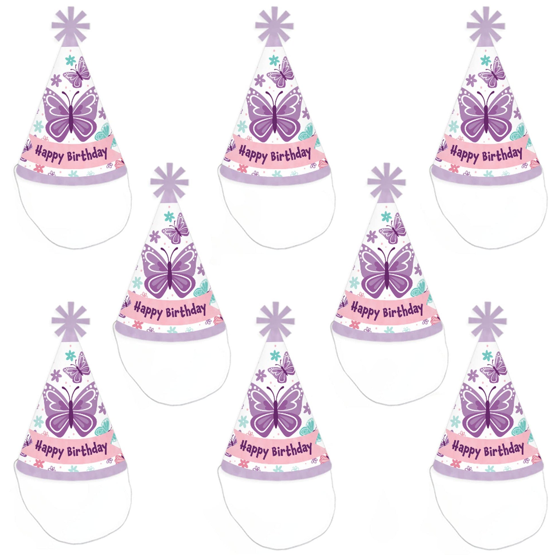 Big Dot of Happiness Beautiful Butterfly - Cone Happy Birthday Party Hats for Kids and Adults - Set of 8 (Standard Size)