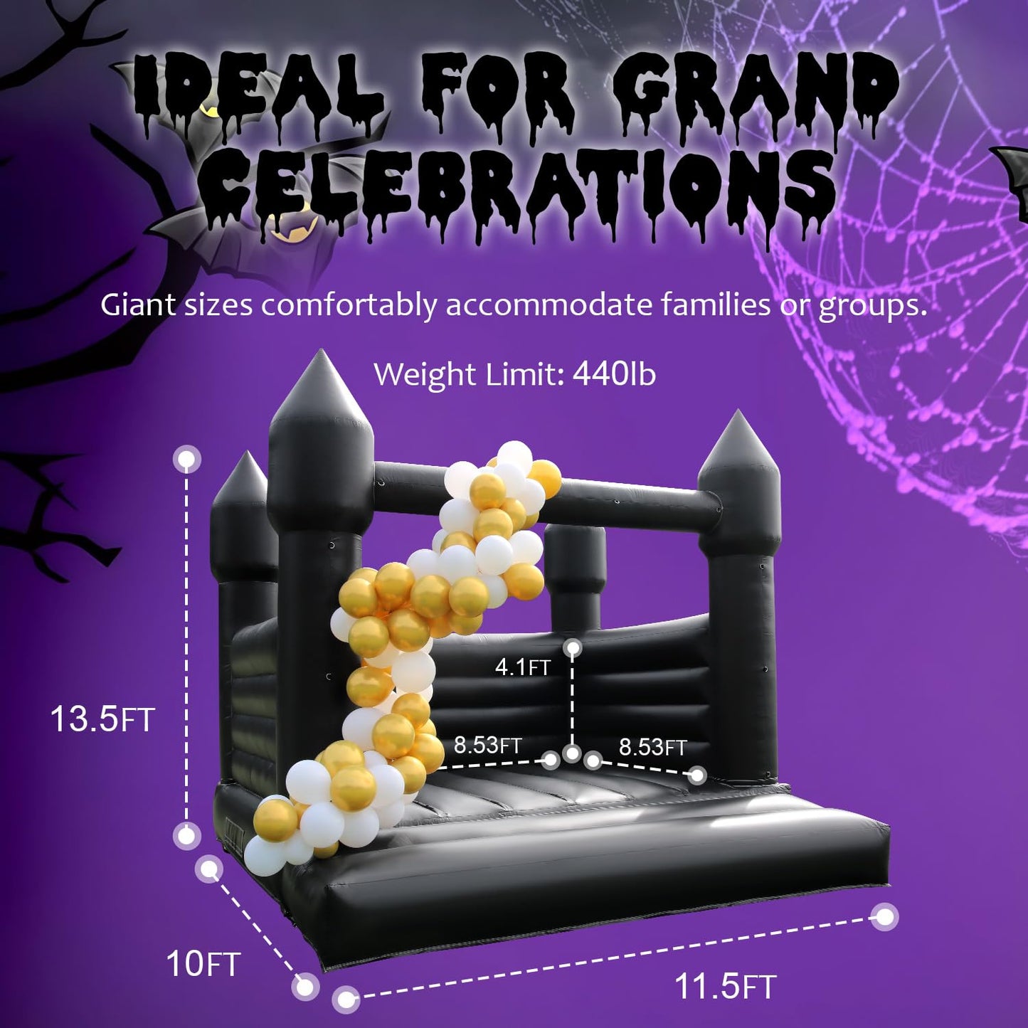 Black Bounce House for Adults Kids, 100% PVC Commercial Halloween Bounce House with 750W Powerful Blower, Outdoor Indoor Halloween Inflatable Party