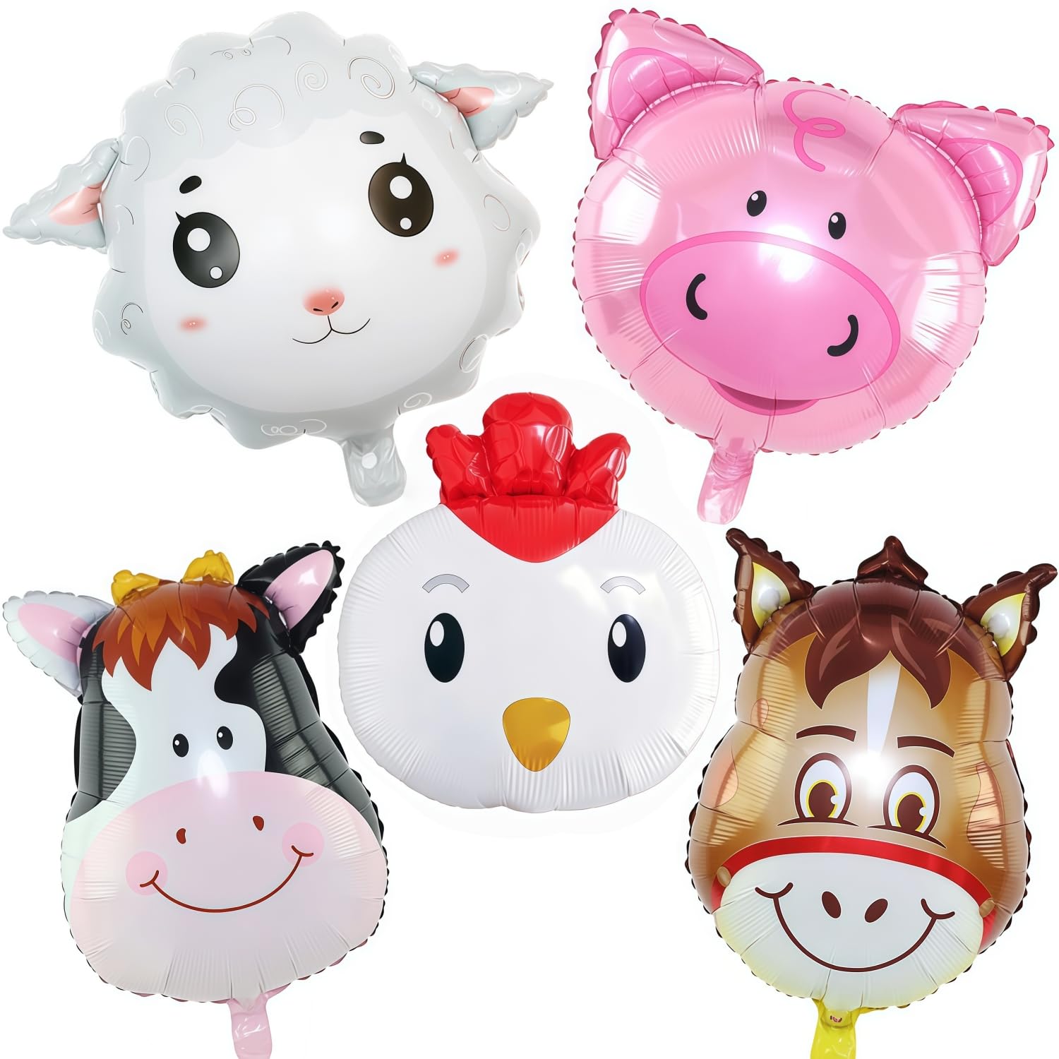 XLENGO 5 PCS Farm Animal Balloons, Cow Donkey Sheep Pig Chicken Foil Mylar Balloon for Baby Shower Farm Birthday Party Decorations Supplies