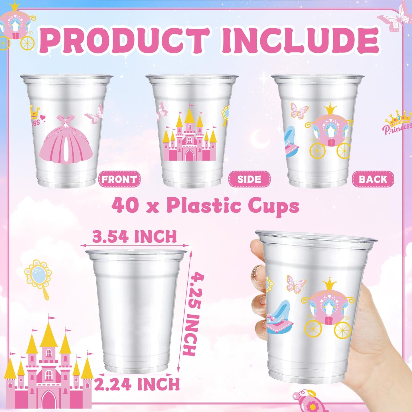 VDESFUEBY 40Pcs Pink Princess Castle Disposable Plastic Cups 12oz Pink Party Cups Disposable Transparent Princess for Princes Themed Birthday Party