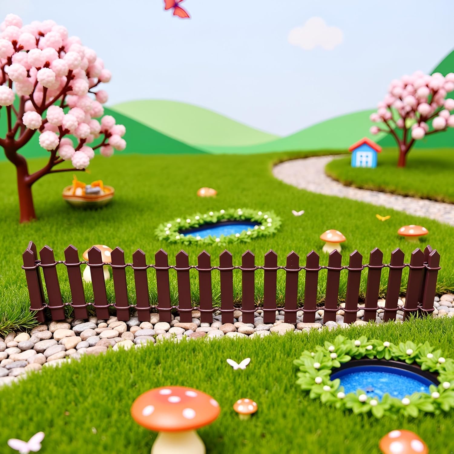 1Pc 35 Inches Brown Mini Fairy Garden Fence, Micro Landscape Miniature Ornaments for Dollhouse, Crafts, Diorama Project, Plant Pot DIY