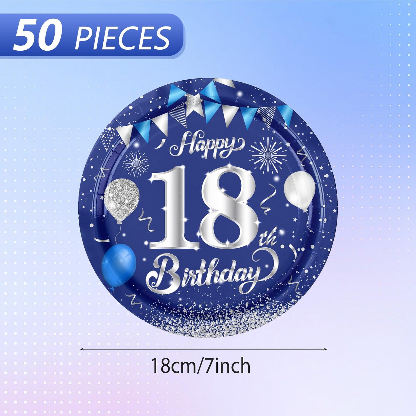 Fitoyplak Blue and Silver 18th Birthday Plates,50Pcs - 7Inch Dessert Plates Disposable Party Tableware Set 18 Year Old Party Plate Sets,for 18th