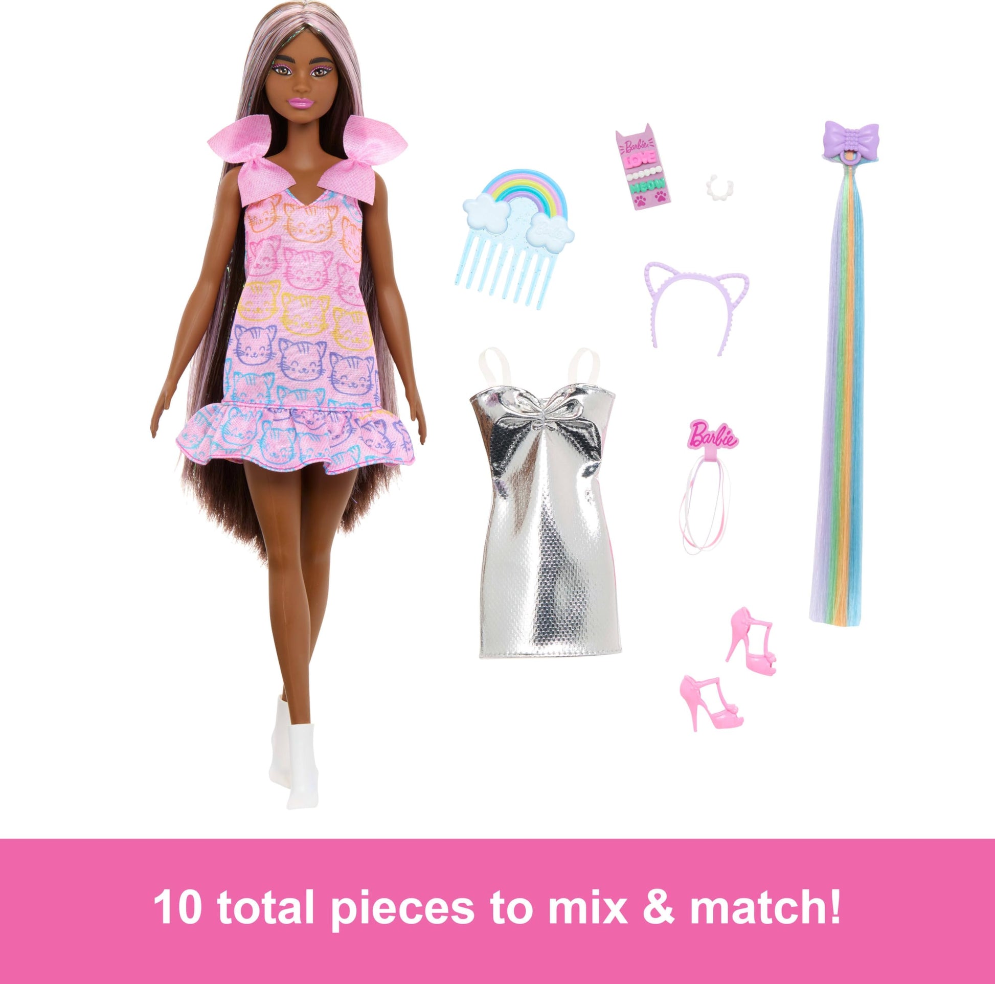 Barbie Fun & Fancy Fashion Doll & Accessories, with Extra-Long Black Hair & 2 Looks, Including Silver Dress & Hair Extension