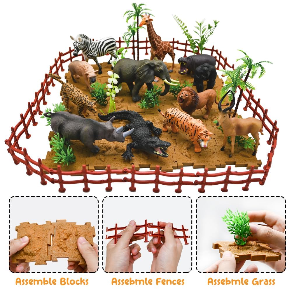 BOLZRA 65PCS Safari Animals Figures Toys, Realistic Plastic Jungle Zoo Wild Animals with Fence Building Blocks Storage Box Christmas Birthday Gift
